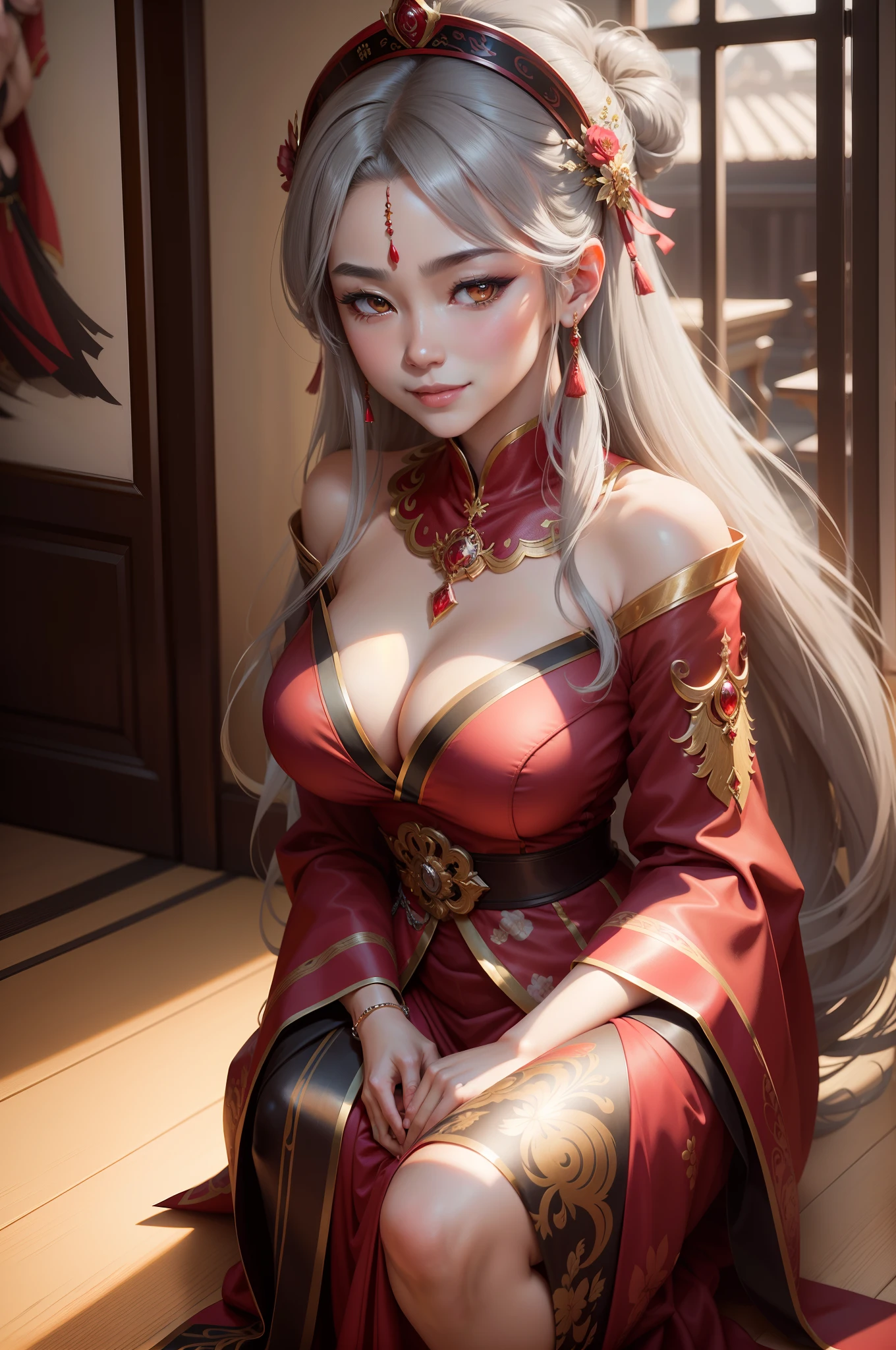 8K,Ala Fed gray haired asian woman in red dress poses for photo, goddess of Japan, a beautiful fantasy empress, Beautiful attractive anime woman,(Face like the real thing) Bunching up long gray hair Golden eyes Precise five-finger details Tattoo on the left chest Black hair ornament innocent smiles A hyper-realistic real looking skin Bold-hearted personality ruan jia and artgerm, very detailed Artgerm, 8k high quality detailed art, palatial palace ,Beautiful expression 超A high resolution, Trending on CGSTATION, seductive anime, wlop and ArtGerm Smile with your mouth wide open