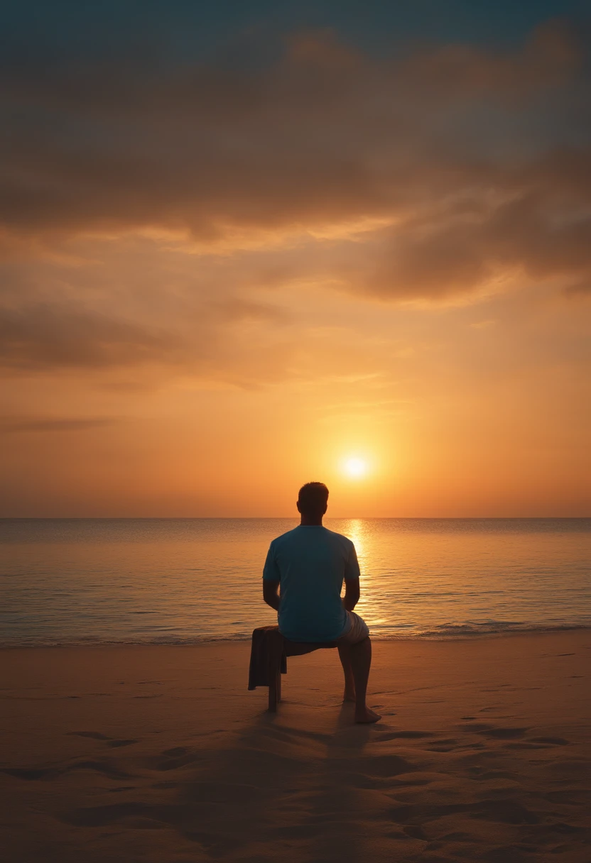 (best quality,highres,realistic,ultra-detailed),person sitting in the background gazing at the horizon,clear and beautiful sky,peaceful atmosphere,serene ocean,gentle breeze,subtle waves,soft sunlight,golden sunset,tranquil scenery,relaxing moment,harmonious colors,serenity.