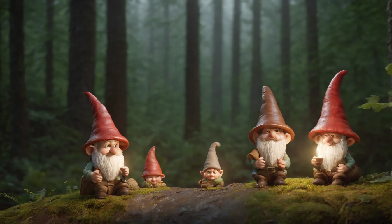 Funny forest gnomes at night under large mushrooms, , No estilo do Unreal Engine 5, Duffy Sheridan, UHD 32k, Douglas Soares, Miguel Malm, Hyper-realistic representation, fechar para cima, cinematic lighthing