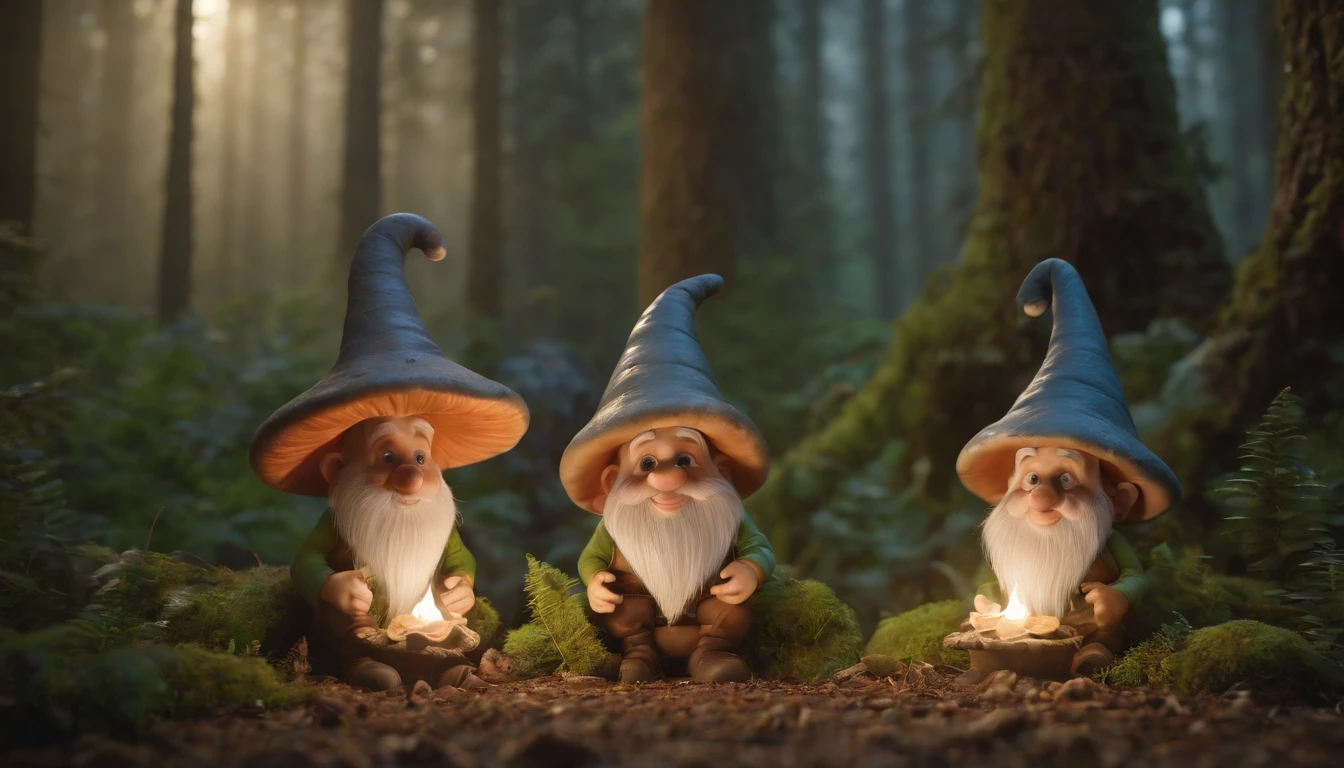Funny forest gnomes at night under large mushrooms, , No estilo do Unreal Engine 5, Duffy Sheridan, UHD 32k, Douglas Soares, Miguel Malm, Hyper-realistic representation, fechar para cima, cinematic lighthing