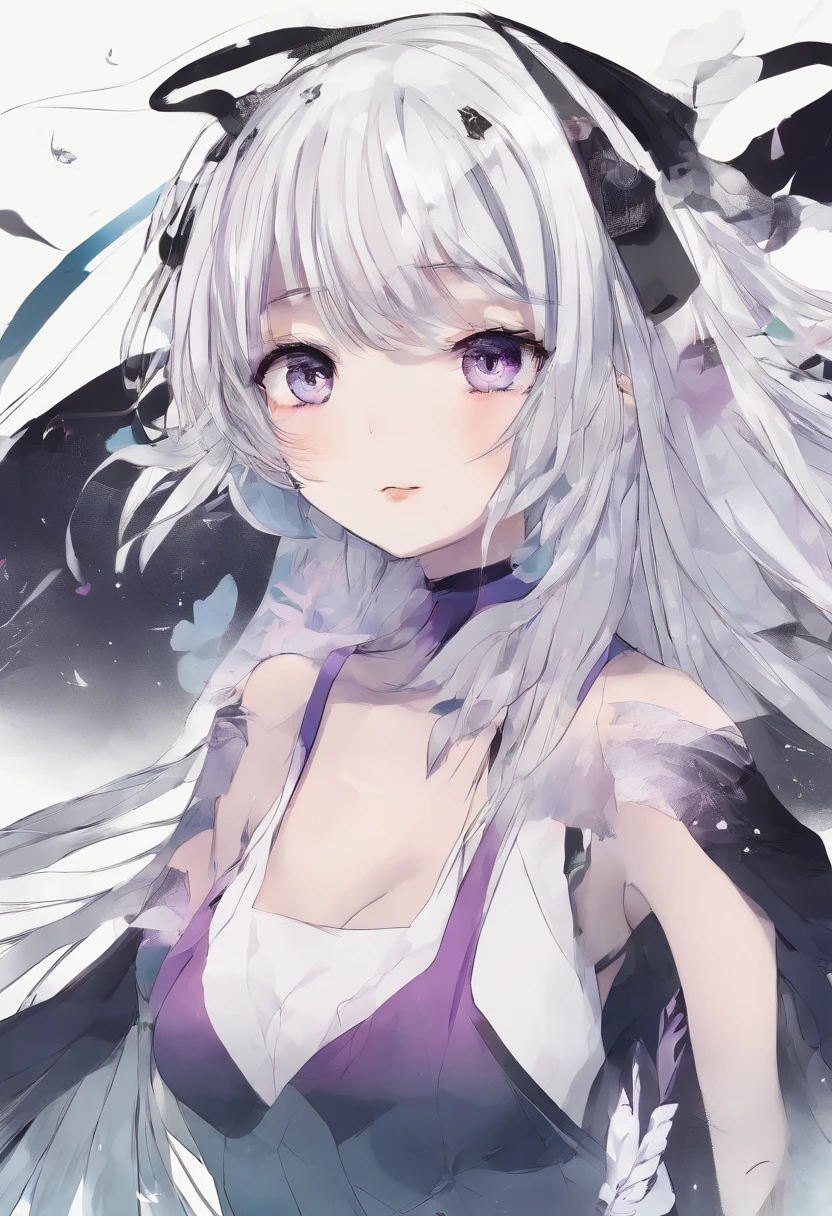 Black white ombre hair girl with violet eyes. 160 cm gight small breasts