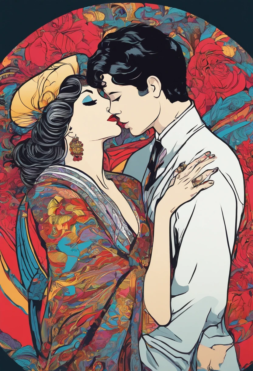 ((Masterpieces)), beste-Qualit, Outstanding illustration, couple kissing, soft focus, 1 man with short black hair and long bangs, 1 girl with long RED hair, black robes, black mantle, romanticism, romance, Luxurious and sophisticated atmosphere, moon light & Cool lighting, Love, fondness ,the kiss, passion
