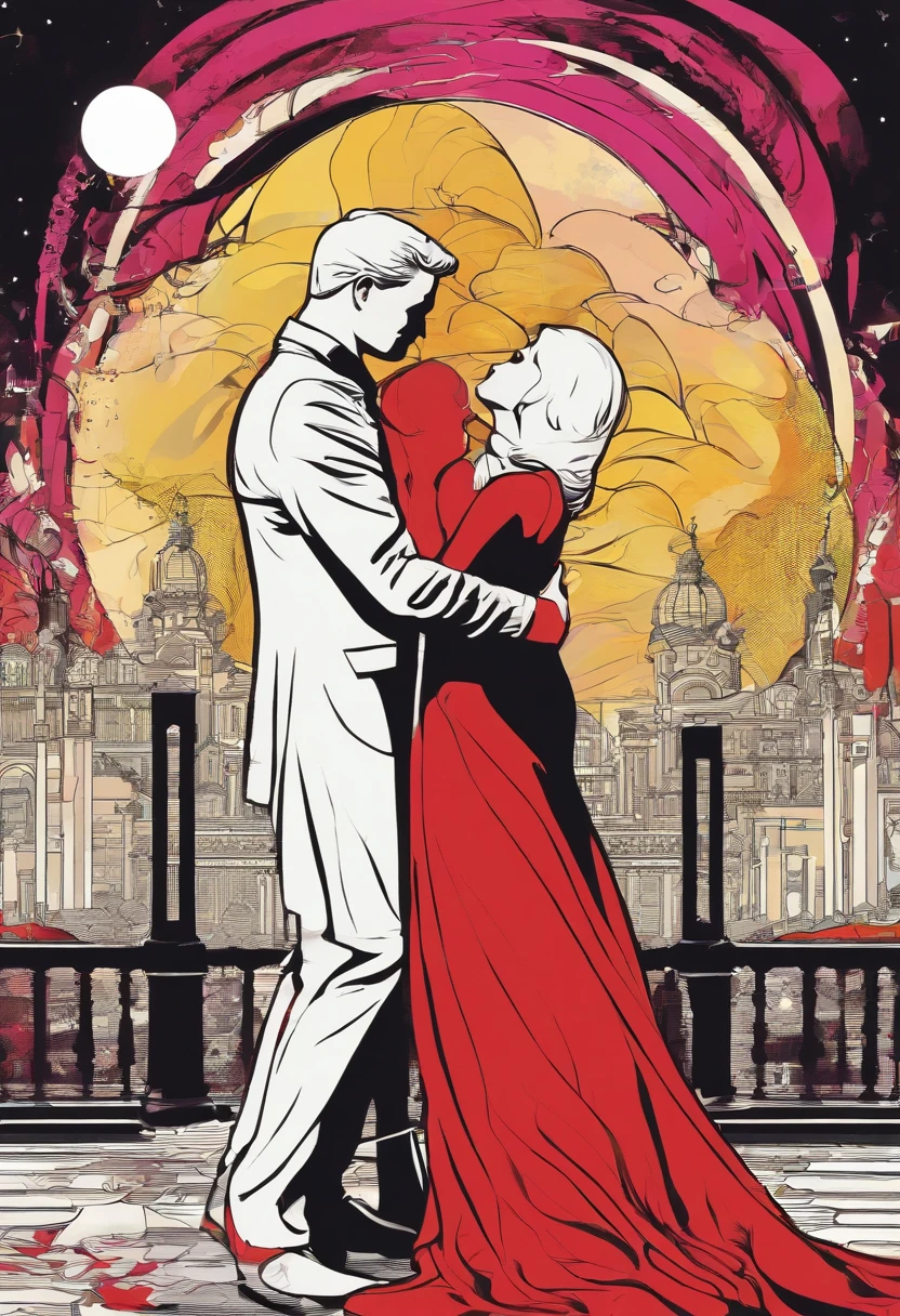 ((Masterpieces)), beste-Qualit, Outstanding illustration, couple kissing, soft focus, 1 man with short black hair and long bangs, 1 girl with long RED hair, black robes, black mantle, romanticism, romance, Luxurious and sophisticated atmosphere, moon light & Cool lighting, Love, fondness ,the kiss, passion