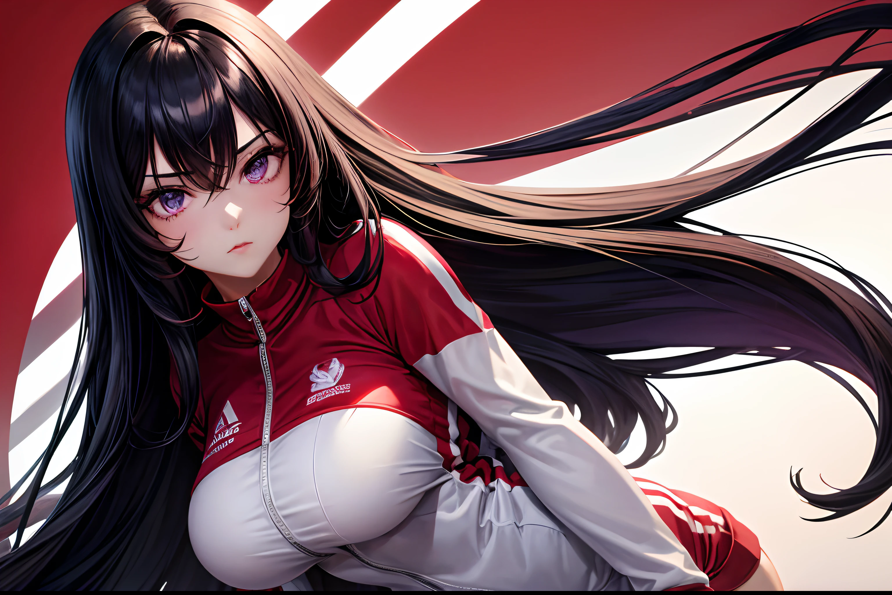 1girl, very long black hair, bangs between eyes, purple eyes, red tracksuit with white stripes, curvy, breasts, absurdres, high res, ultrasharp, 8K, looking at viewer (masterpiece), best quality, expressive eyes, perfect face, photorealistic