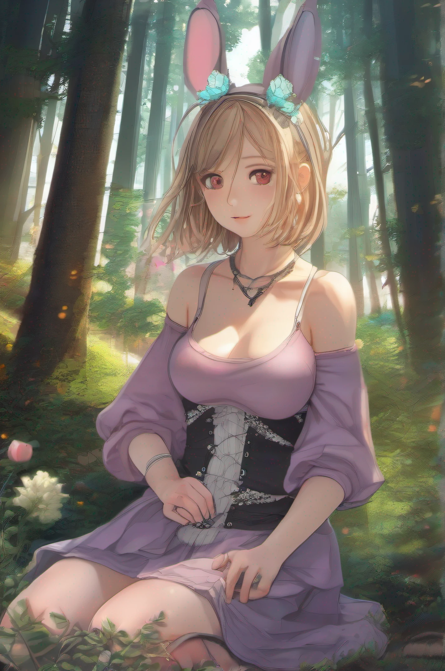 masterpiece), best quality, expressive eyes, perfect face((Bunny Girl)), (sun dress), cozy, warm light, Forest, Trees, grass, flowers, morning, Rabbit Ears, Tall, skinny, sitting, frog pose, thigh highs, happy, expressive eyes , best quality, 4k, HD quality, amazing quality, masterpiece, pretty face, Blonde hair, messy hair, cute, ecchi wearing dark hoodie and clothes, post-apocalyptic environment, floating skulls, ((1 girl, 1 beast)), ("large breasts, cleavage, saggy breasts 1.5"), "large hips", chains, jewelry, gems, low angle, freckles, extreme quality, cg, detailed face+eyes, woodlands background, forest, outside, corset, skirt, thick, big but, plus sized, plus size, (plants:1.18), (fractal art), (bright colors), colors mashing, bust, paint splatter, complimentary colors, neon, compassionate, holding breasts, legs spread, doing the splits, vagina