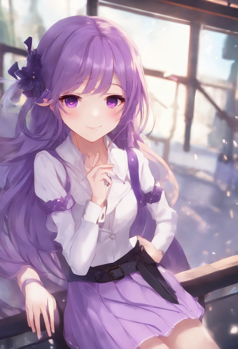 1girl, (perfect face), detailed pupils, Honkai: Star Rail , seele , purple hair, purple eyes , longer hair, wearing a shirt , wearing a longer skirt, purple outfit.
