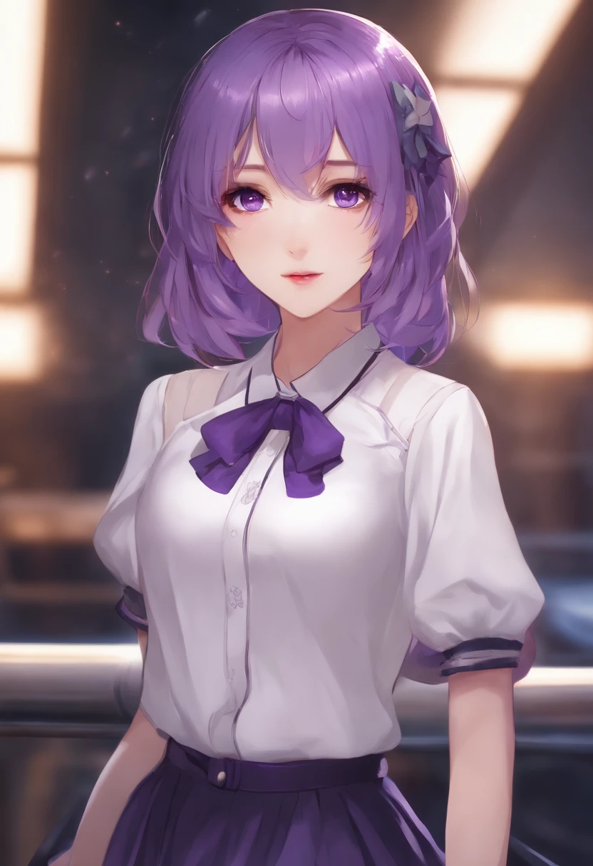 1girl, (perfect face), detailed pupils, Honkai: Star Rail , seele , purple hair, purple eyes , longer hair, wearing a shirt , wearing a longer skirt, purple outfit.