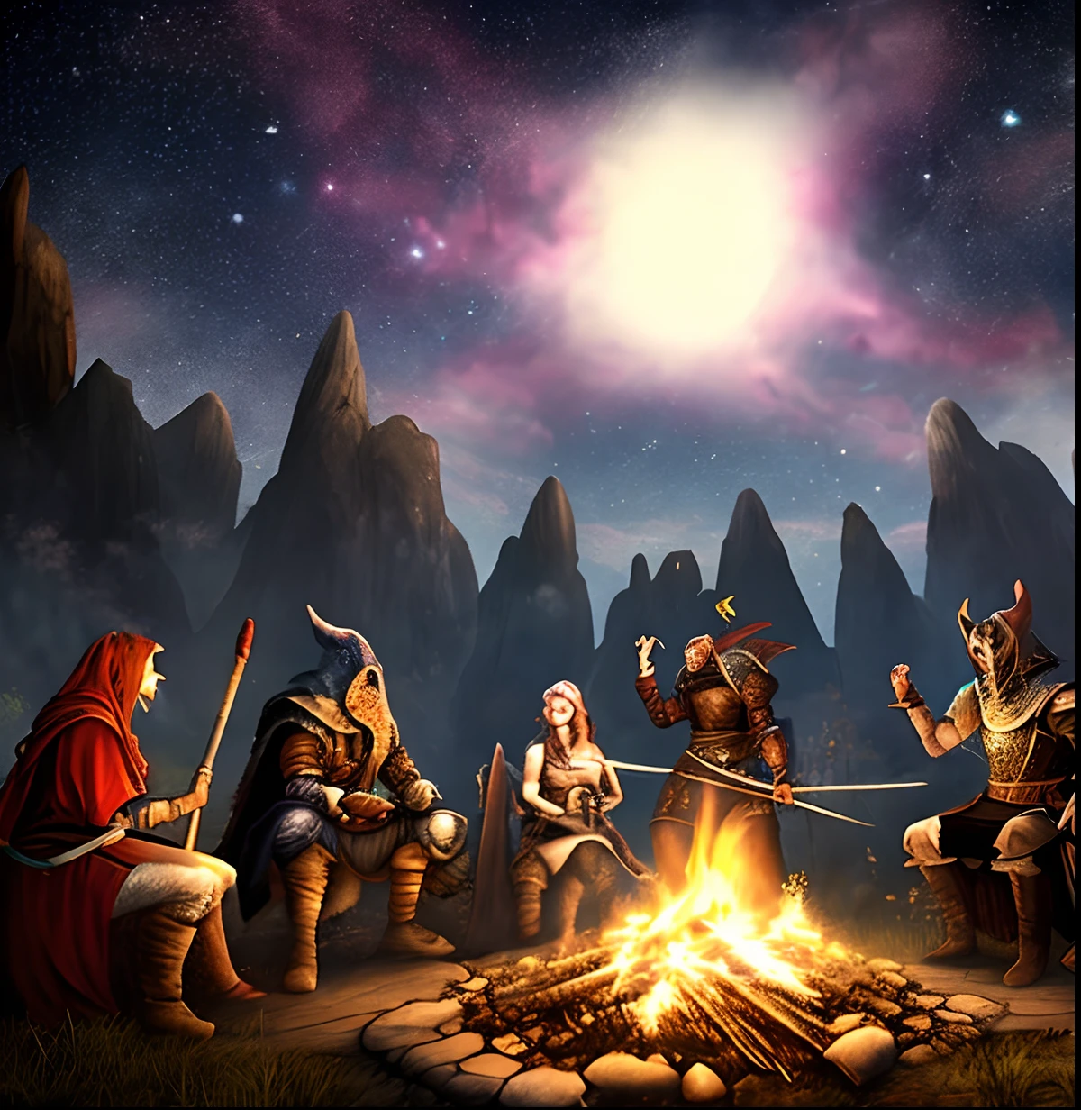 An image that represents a medieval RPG adventure well, it should have a sorcerer Dragonborn, a barbarian Tiefling, a murderous fairy and a red-haired Human gathered at a Bonfire under the night sky full of stars