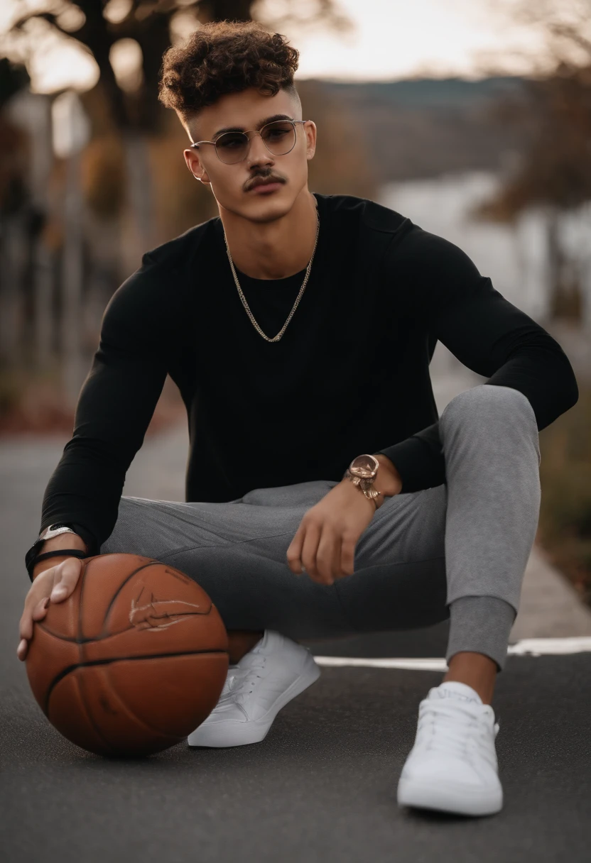 man, honey skin tone, skinny athlete physique, black slim fit shirt, baggy grey pants, black and white basketball shoes, medium size black glasses, little mustache, low military haircut, brown eyes, black bracelet, holding basketball, 18 years old