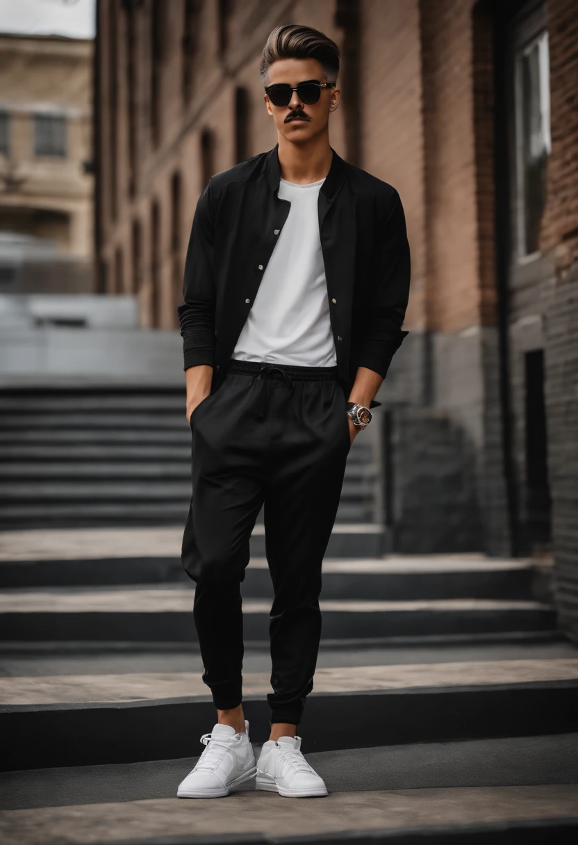 man, honey skin tone, skinny athlete physique, black slim fit shirt, baggy grey pants, black and white basketball shoes, medium size black glasses, little mustache, low military haircut, brown eyes, black bracelet, holding basketball, 18 years old