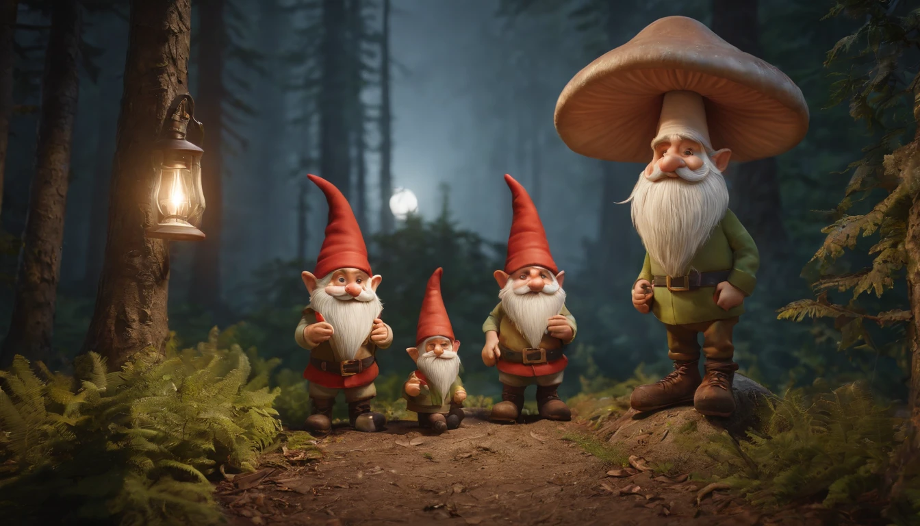 Funny forest gnomes at night under large mushrooms, , No estilo do Unreal Engine 5, Duffy Sheridan, UHD 32k, Douglas Soares, Miguel Malm, Hyper-realistic representation, fechar para cima, cinematic lighthing, moon illumination