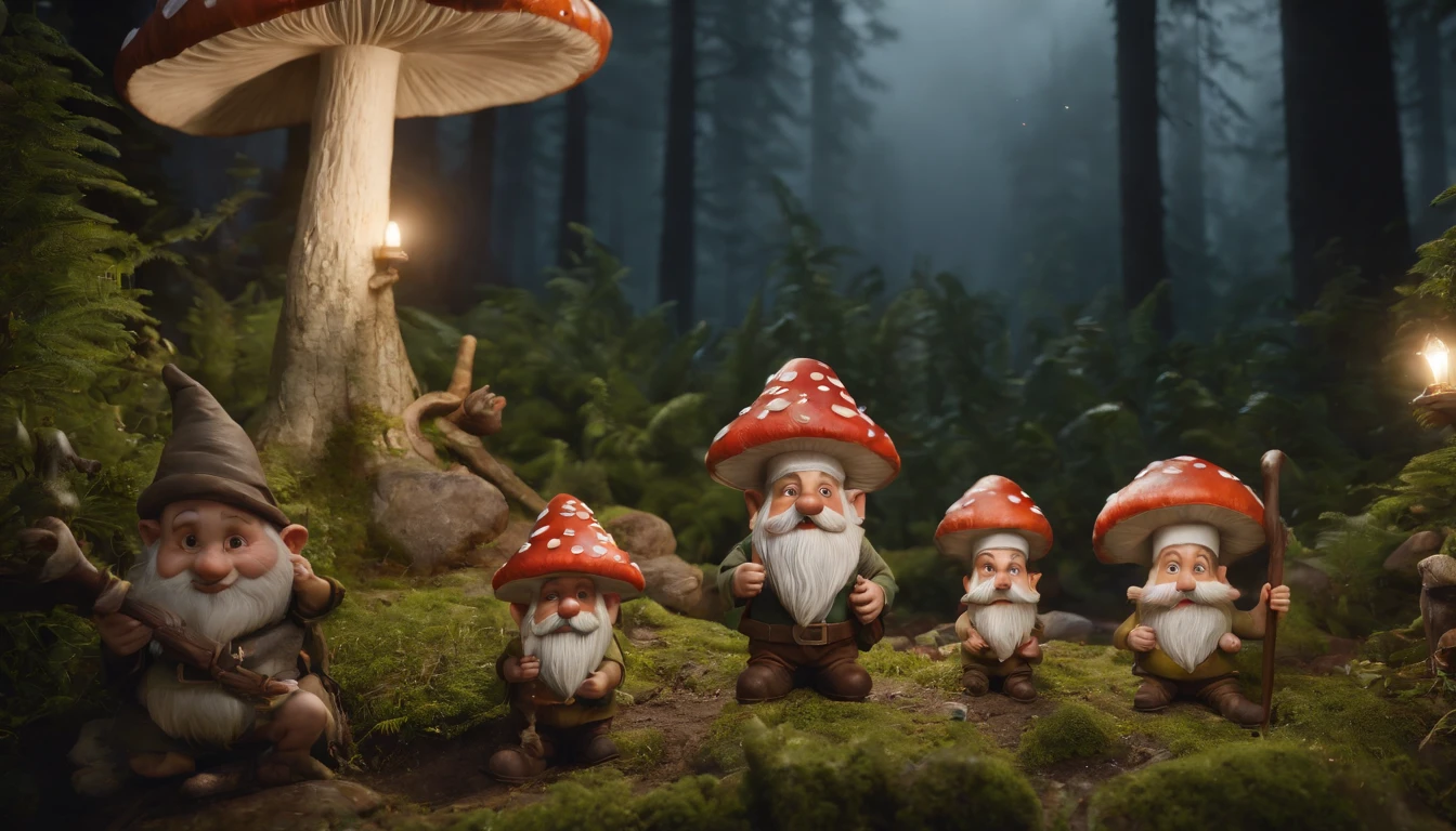 Funny forest gnomes at night under large mushrooms, , No estilo do Unreal Engine 5, Duffy Sheridan, UHD 32k, Douglas Soares, Miguel Malm, Hyper-realistic representation, fechar para cima, cinematic lighthing, moon illumination
