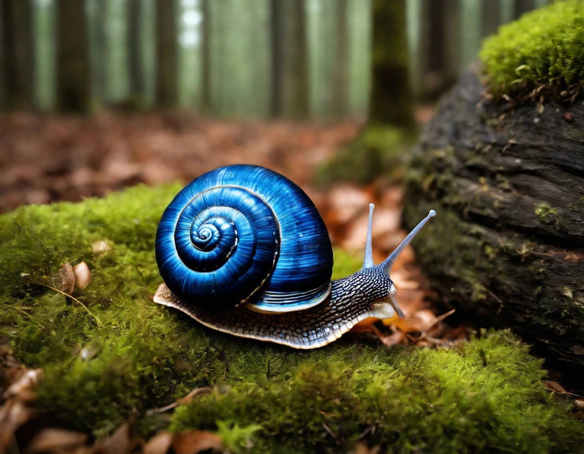 "Caracol Azul na Floresta Encantada": Imagine um caracol de cor azul brilhante, com uma concha espiralada detalhada. Coloque-o em uma floresta encantada, with tall, leafy trees all around. Add colorful mosses and mushrooms to the forest floor to add a magical touch. Use cores vivas e vibrantes para destacar a beleza do caracol azul, contrastando com os tons naturais da floresta. Explore minute details in the texture of the shell and the patterns of the snail's skin to make the image more realistic and interesting. Remember to add some magic and mystery to the setting, se quiser, like fairies or bright lights among the trees. Divirta-se criando essa cena encantadora de um caracol azul na natureza!