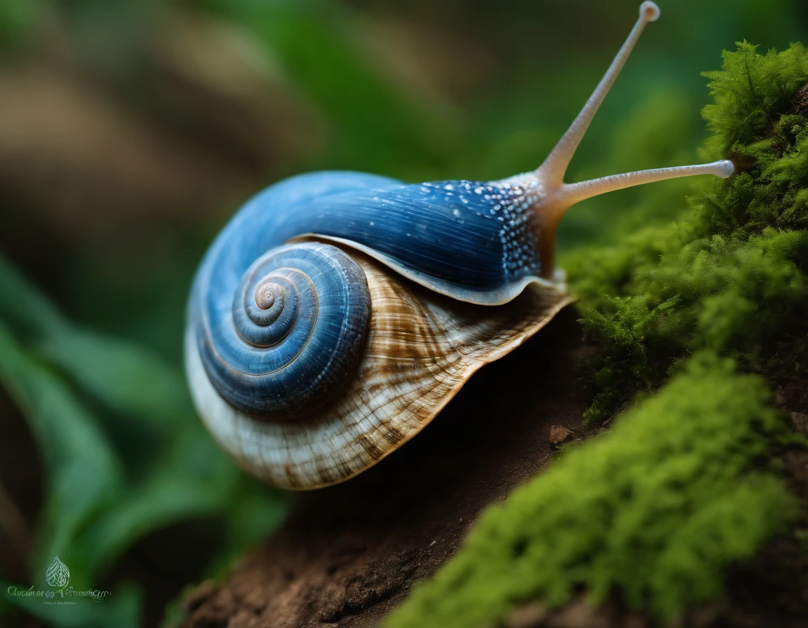 "Caracol Azul na Floresta Encantada": Imagine um caracol de cor azul brilhante, com uma concha espiralada detalhada. Coloque-o em uma floresta encantada, with tall, leafy trees all around. Add colorful mosses and mushrooms to the forest floor to add a magical touch. Use cores vivas e vibrantes para destacar a beleza do caracol azul, contrastando com os tons naturais da floresta. Explore minute details in the texture of the shell and the patterns of the snail's skin to make the image more realistic and interesting. Remember to add some magic and mystery to the setting, se quiser, like fairies or bright lights among the trees. Divirta-se criando essa cena encantadora de um caracol azul na natureza!