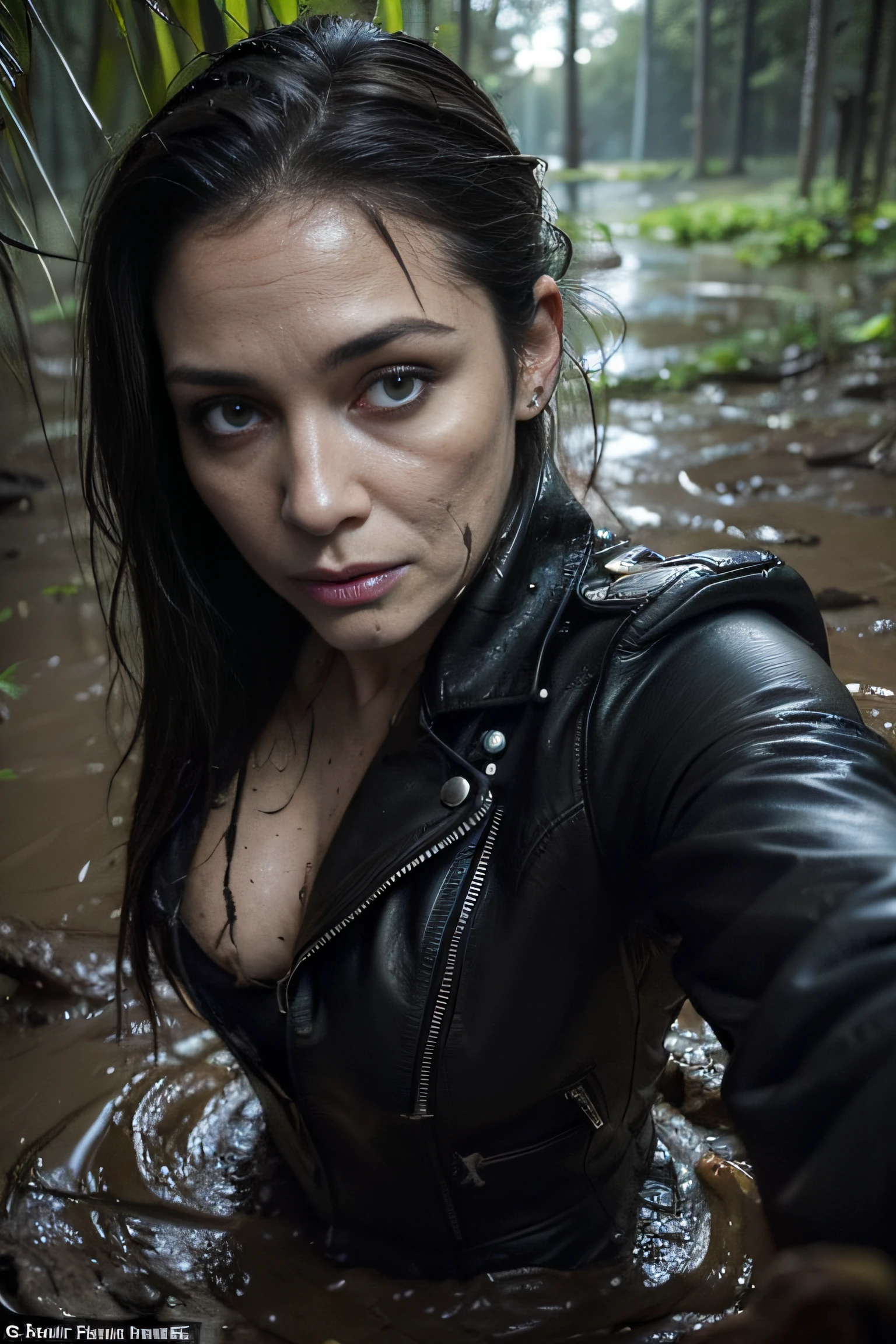 Tormented by lust, A woman in jeans and a leather jacket was caught off guard in the woods at night, indulging in his sexual fetish of drowning in a swamp. Lust causes her to drown in a swamp. Her face is haggard and dehydrated. She is perplexed and looks around in fright. There is pitch darkness all around, The light only comes from the camera's flash.
TAGS: night time, blurred background, (selfie photo:1.7), (It's dark all around:1.7), (Light only from the camera:1.7). The woman, (Tormented by lust:1.6), wearing jeans, leather jacket, swamp, (Drowning in a mud swamp:1.7), (Sexual fetish:1.3), fright, stunned, Looking around. (emaciated face:1.6), (dehydrated face:1.6), (swelling of the face:1.6), (Short hair gathered in a ponytail:1.2), (Moral decay, Shattered reputation:1.2),