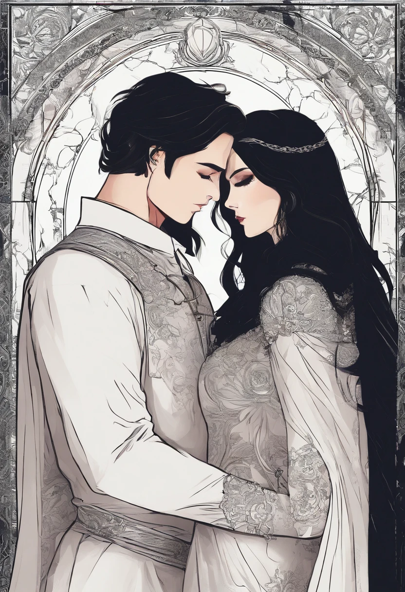 ((Masterpieces)), beste-Qualit, Outstanding illustration, couple kissing, soft focus, 1 man with short black hair and long bangs, 1 girl with long RED hair, black robes, black mantle, romanticism, romance, Luxurious and sophisticated atmosphere, moon light & Cool lighting, Love, fondness ,the kiss, passion
