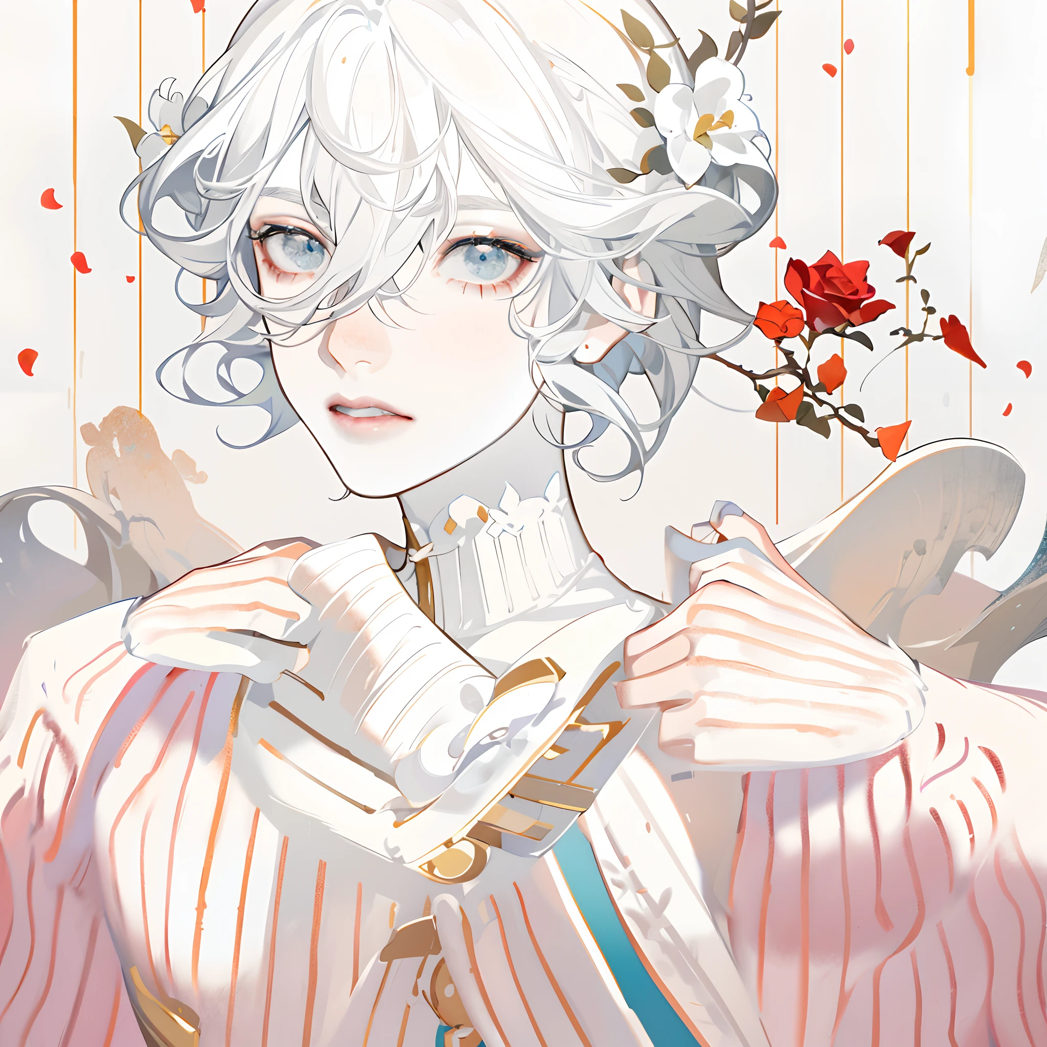 There is a doll with white hair and a blue shirt, pale porcelain white skin, pale milky white porcelain skin, Porcelain white skin, ball jointed doll, Exquisite, Young and handsome and pale，whaite hair, porcelain white face, dollfie dream，There is a rose in the foreground，Huge roses，soft focus，softlighting，Libido boy，Male，Patient gown