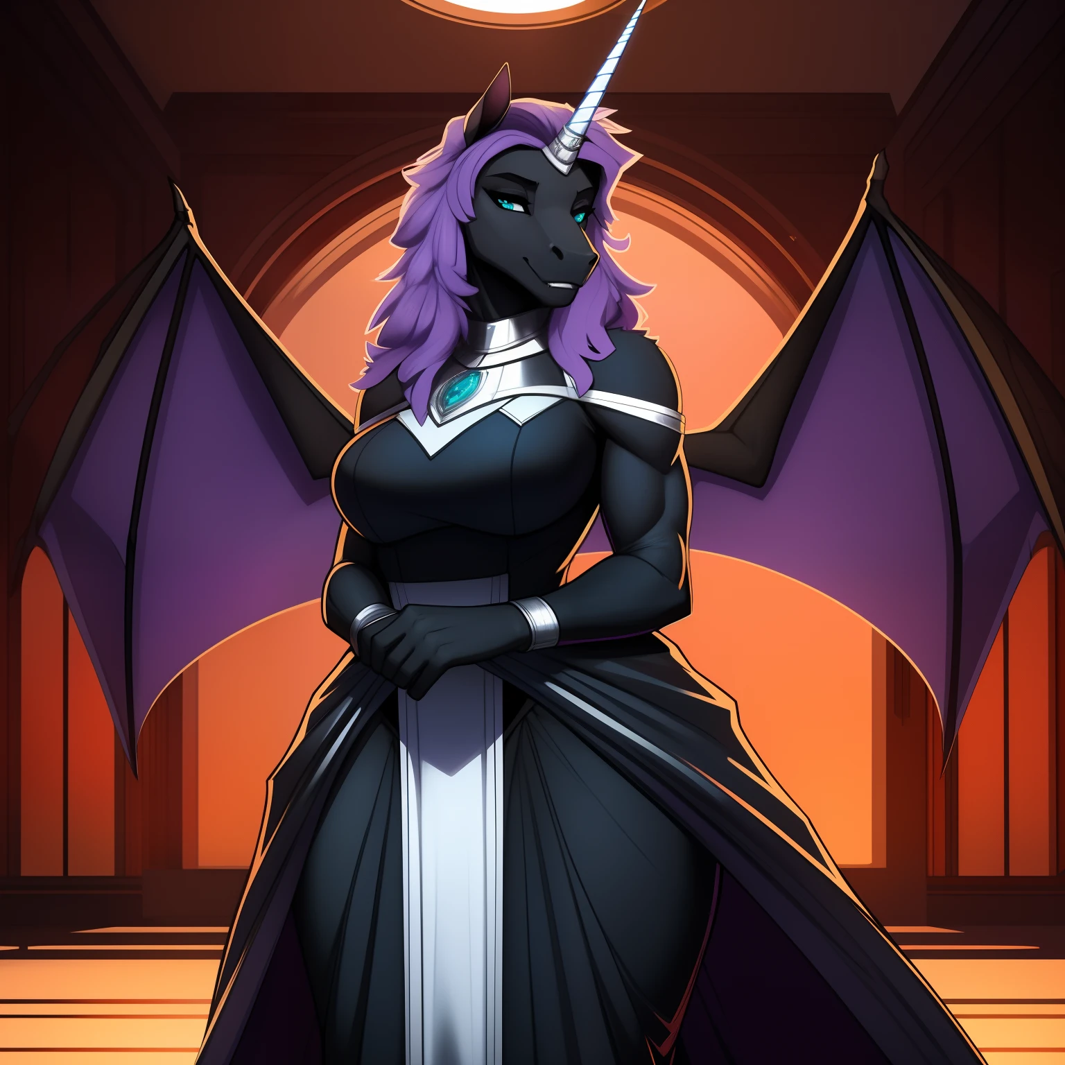 Tall_lithe_muscular_mature_unicorn_with_balck_horn female dark_purple_mane wavy_mane black_furry_body teal_eyes slit_pupils majestic solo Masterpiece best_quality absurdres highly_detailed gown_with_silver_trim silver_circlet silver_gorget cleanly_drawn_eyes fangs bat_wings purple_eyeshadow horse_snout anthro_only by_claweddrip, by_greasymojo, by_underscore-b, by_runawaystride