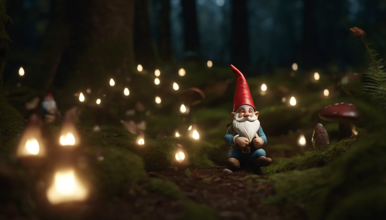 Funny forest gnomes at night under large mushrooms, , No estilo do Unreal Engine 5, Duffy Sheridan, UHD 32k, Douglas Soares, Miguel Malm, Hyper-realistic representation, fechar para cima, cinematic lighthing, moon illumination