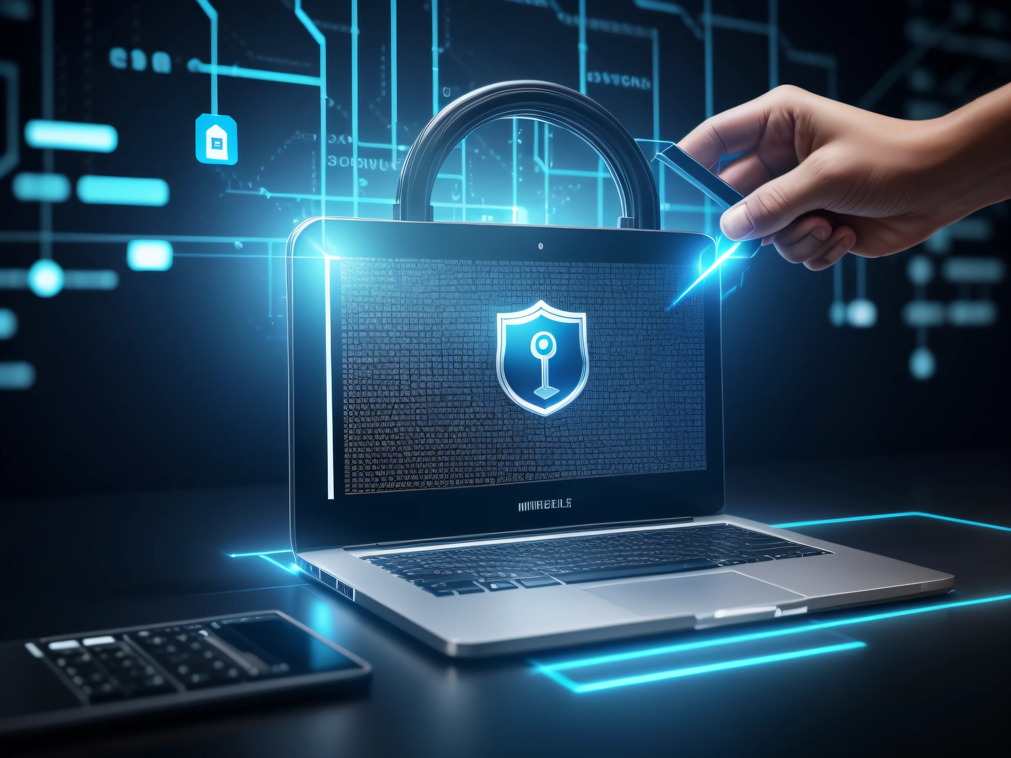 (best quality,8k,UHD,highres,masterpiece:1.2),digital protection,detailed suspended padlock,pending confidential and computer data,ultra-detailed technology,sharp focus,professional,bokeh,suspenseful atmosphere,colorful lighting,protective shield,advanced encryption algorithms,virtual reality immersion,vivid colors,digital security measures,encrypted connection,network privacy,unbreakable code,firewall protection,secure user authentication,biometric identification,secure data transmission,password encryption,confidential files lock,high-tech cyber defense,advanced cybersecurity,real-time threat monitoring,safe browsing,secure online transactions,protective digital shield,digital confidentiality shield,impermeable data barrier,untraceable online presence,data encryption fortress,multi-factor authentication,digital fortress,encrypted digital landscape,elusive cyber threats,protected information storage,encrypted communication channels