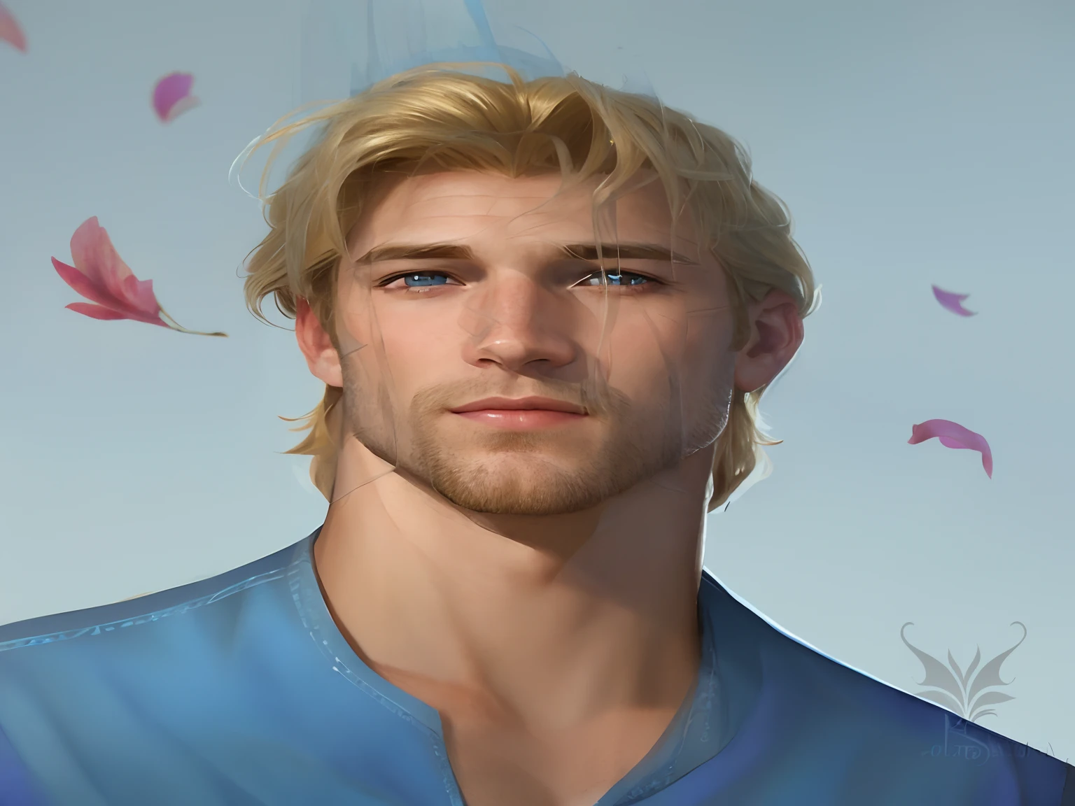 arafed image of a man with blonde hair and blue shirt, portrait of magical blond prince, fantasy male portrait, handsome stunning realistic, character headshot portrait, frozen klaus film, disney art style, closeup character portrait, detailed character portrait, human male character art, inspired by Gaston Anglade, frozen ii klaus film, inspired by Kieran Yanner, fantasy art smug smile man