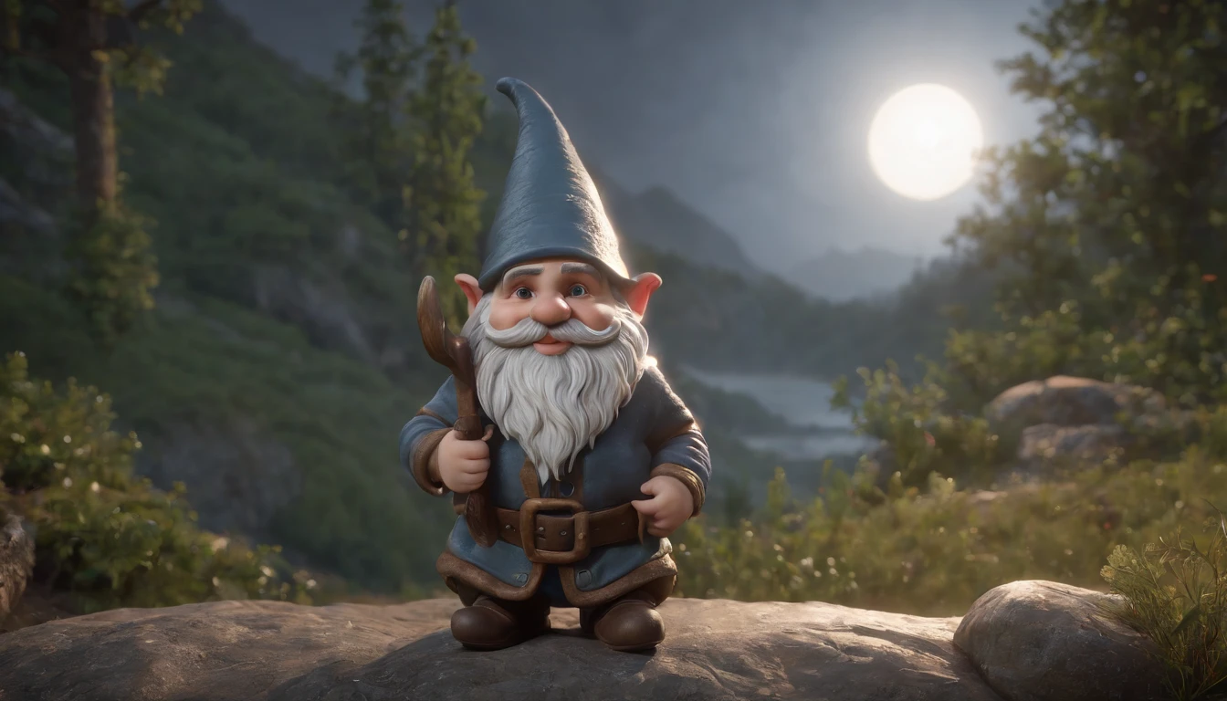 Gnome sentado, homenzinho, Pescador, Gnomo fofo, mythological, retrato, sentado na pedra, noite, lamparina, nos estilo unreal engine 5, Duffy Sheridan, UHD 32k, Douglas Soares, Miguel Malm, Hyper-realistic representation, fechar para cima, cinematic lighthing, moon illumination