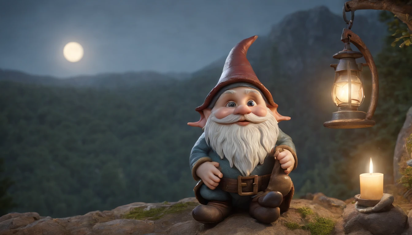Gnome sentado, homenzinho, Pescador, Gnomo fofo, mythological, retrato, sentado na pedra, noite, lamparina, nos estilo unreal engine 5, Duffy Sheridan, UHD 32k, Douglas Soares, Miguel Malm, Hyper-realistic representation, fechar para cima, cinematic lighthing, moon illumination