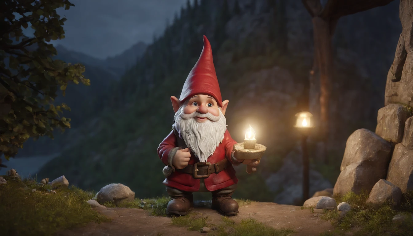 Gnome sentado, homenzinho, Pescador, Gnomo fofo, mythological, retrato, sentado na pedra, noite, lamparina, nos estilo unreal engine 5, Duffy Sheridan, UHD 32k, Douglas Soares, Miguel Malm, Hyper-realistic representation, fechar para cima, cinematic lighthing, moon illumination