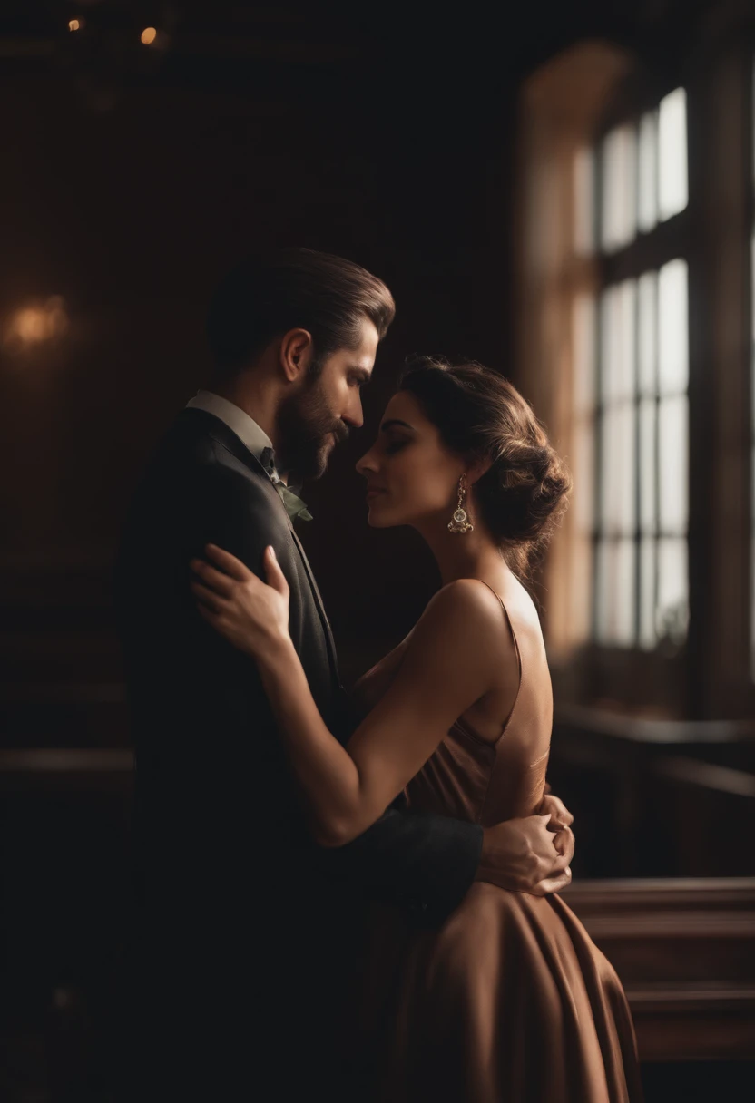 a beautiful couple romantic pose n and beautiful woman, cabelo preto, vestir,Embraced, campo, , homens fofos, from back to back, 4k, desenho digital, animification,e, por, ilustrar