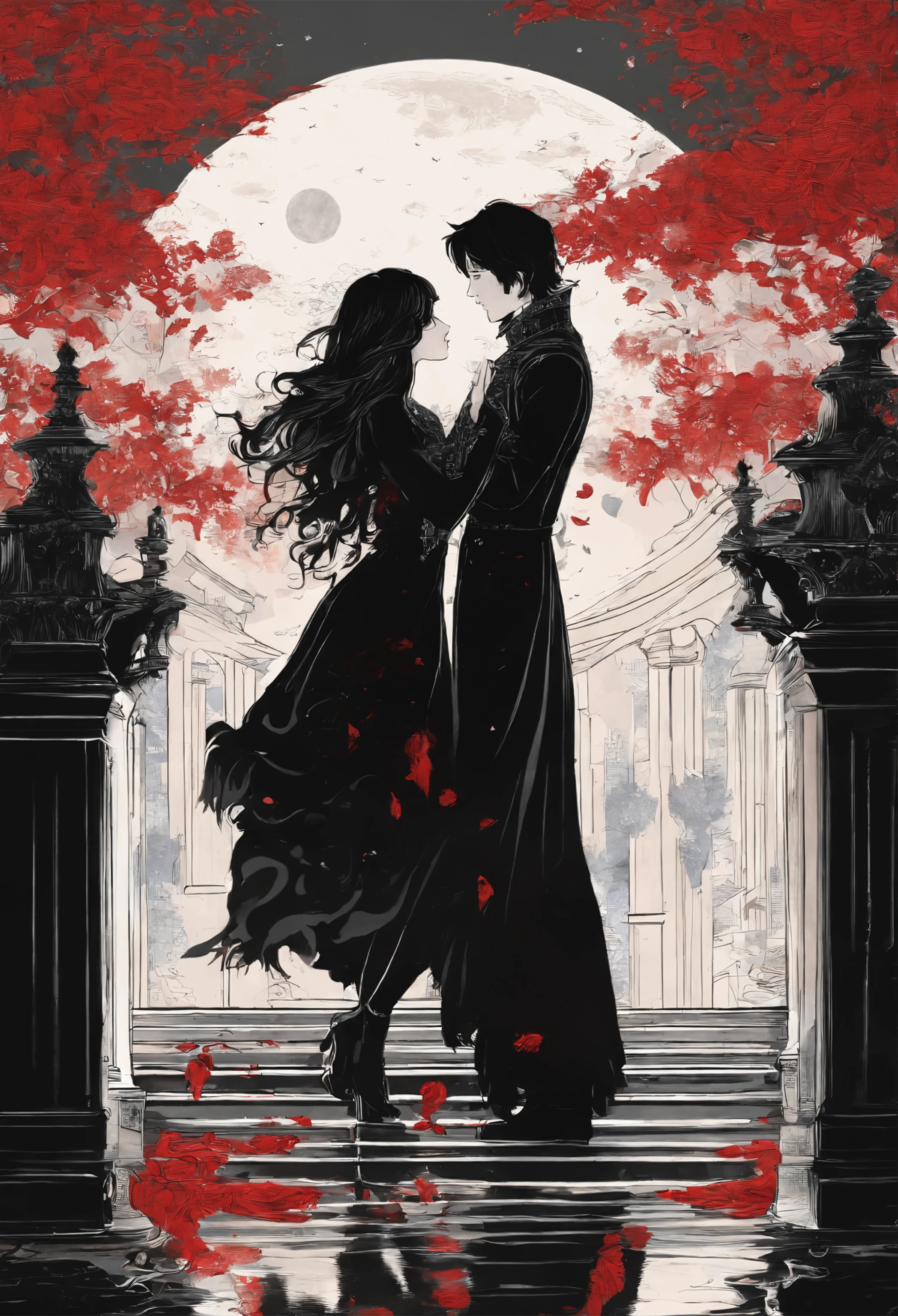 ((Masterpieces)), beste-Qualit, Outstanding illustration, couple kissing, soft focus, 1 man with short black hair and long bangs, 1 girl with long RED hair, black robes, black mantle, romanticism, romance, Luxurious and sophisticated atmosphere, moon light & Cool lighting, Love, fondness ,the kiss, passion