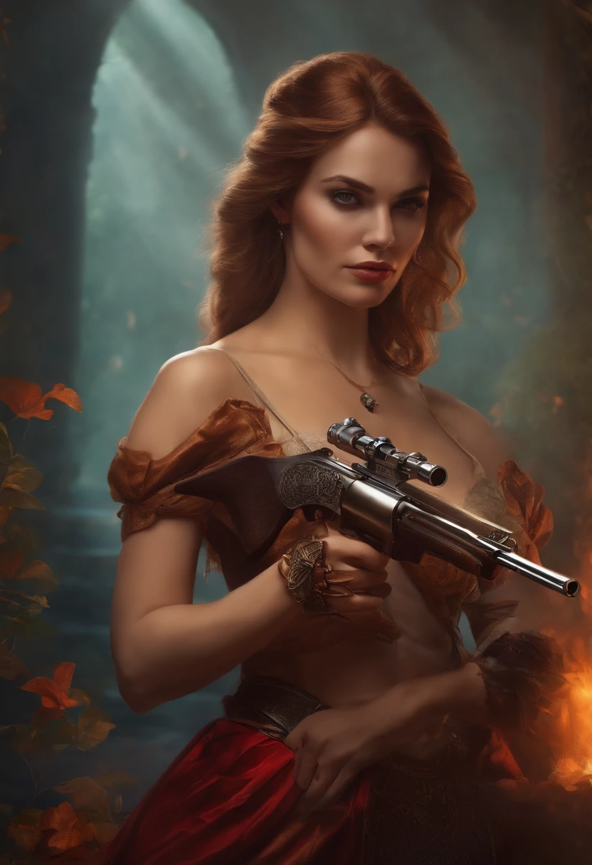 Create a perfect illustration of the woman of the game "Gunz the duel" with a gun in his hand and a sword