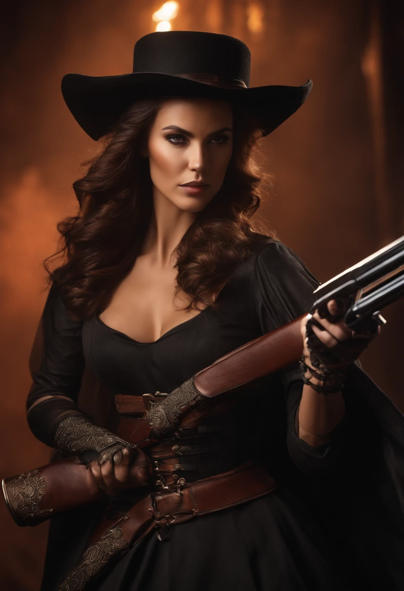 Create a perfect illustration of the woman of the game "Gunz the duel" with a gun in his hand and a sword