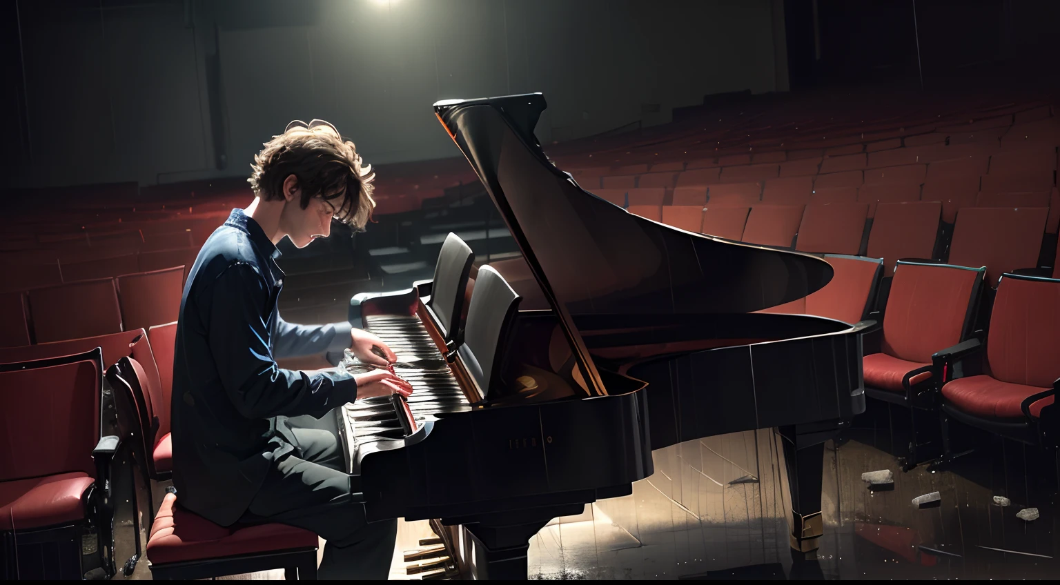 A man playing the piano in a dark, rainy setting on an broken down theater.