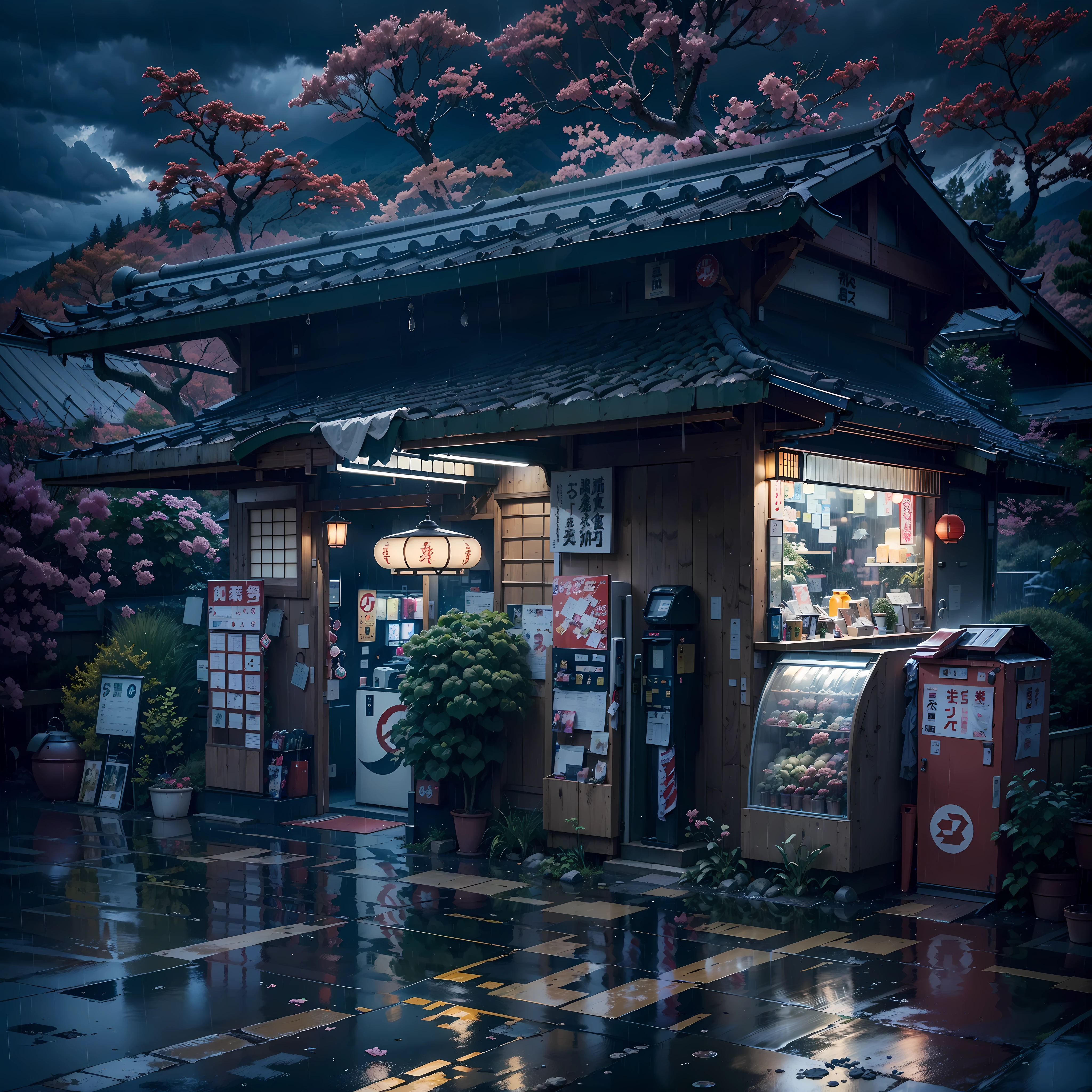 japan, modern Japanese gas station by the side of a road in the mountains, modern Japanese architecture, night-time, rain, best quality, (no one: 1), anime, anime style, lofi, dramatic weather, Japanese shop signs, lofi style, no other building, vegetation, woods, puddles of water, heavy rainfall, neon signs, plant pots, lanterns, lamps, storm, gloomy weather, dramatic weather, rain, raining, puddles, heavy rain, falling rain drops,
