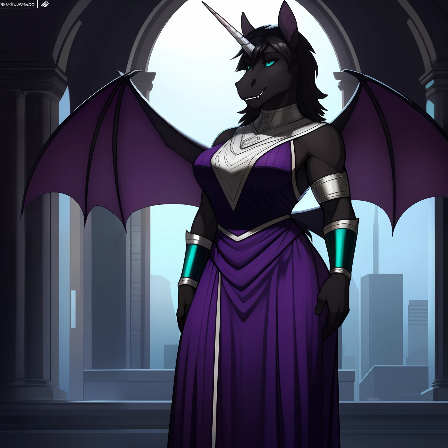 Tall_lithe_muscular_mature_unicorn_with_black_horn female dark_purple_mane wavy_mane black_furry_body teal_eyes slit_pupils majestic solo Masterpiece best_quality absurdres highly_detailed gown_with_silver_trim silver_circlet silver_gorget silver_bracers cleanly_drawn_eyes fangs bat_wings purple_eyeshadow horse_snout anthro_only by_claweddrip, by_greasymojo, by_underscore-b, by_runawaystride