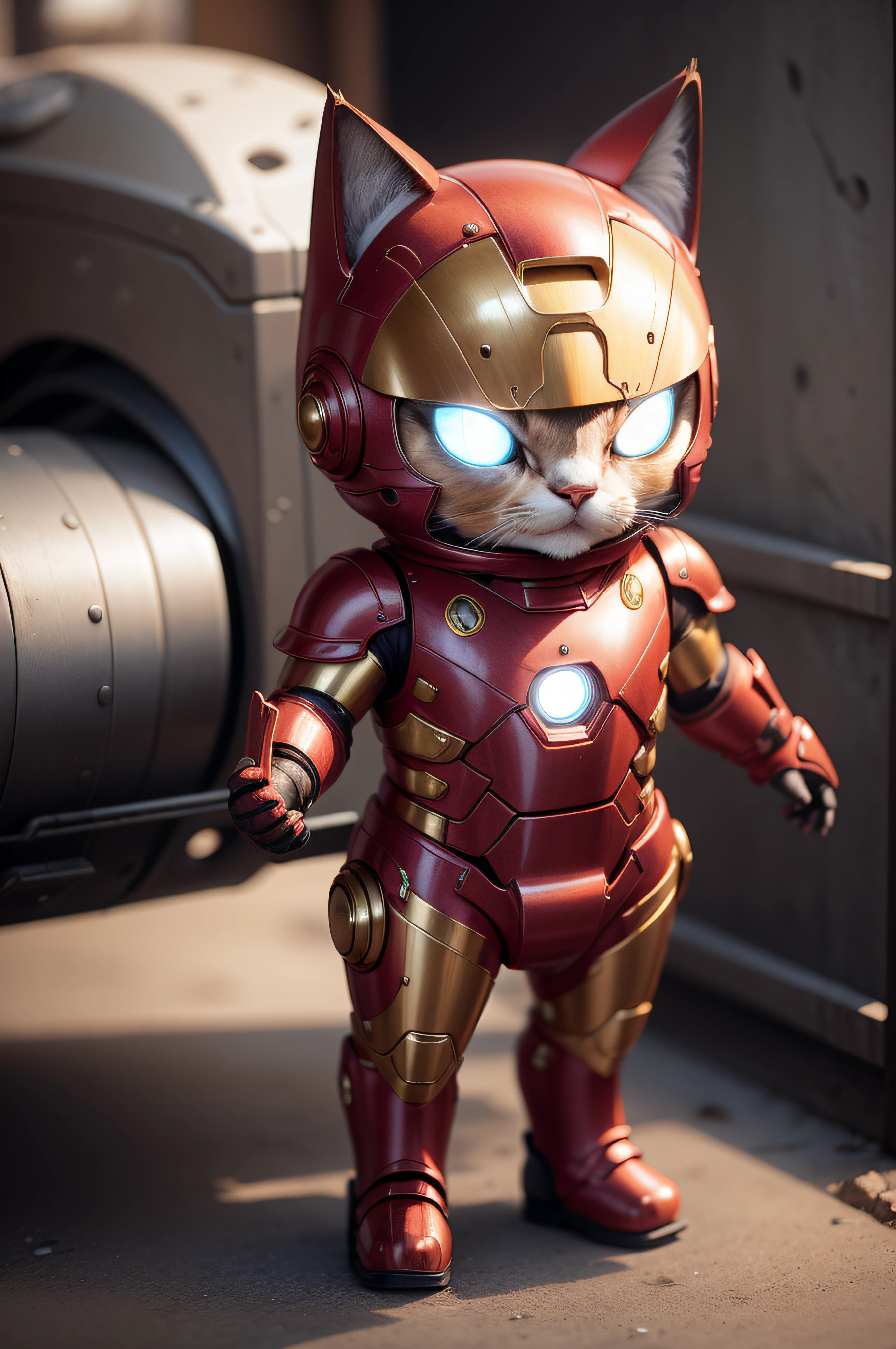 um gatinho fofo e fofo vestindo a roupa do homem de ferro, corpo inteiro + ultra realistic + Detalhes ultra realistas + Film style + 8k + Ultra realistic lighting