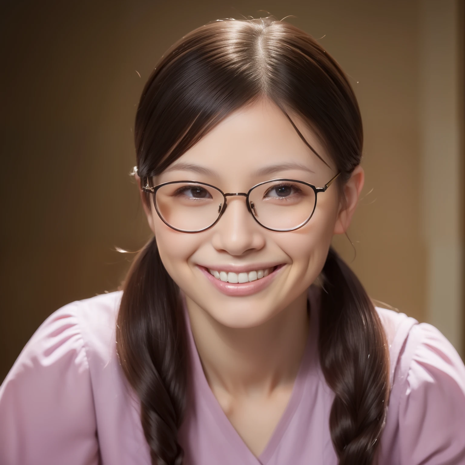 (A slight smil:1.5)、(a beauty girl:1.4)、poneyTail、eye glass、Glasses woman、Super masterpiece、8k、