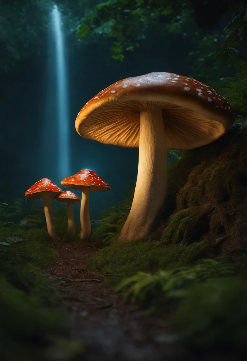 large mushrooms,cogumelo trippy,Mushroom forest,Fantastic effect,Rainforest woods,a plant,(Masterpiece, Best quality), Intricate details, 8K, art stations, offcial art, Splash Art, Sharp focus,The colors are intense,Don't want a house,