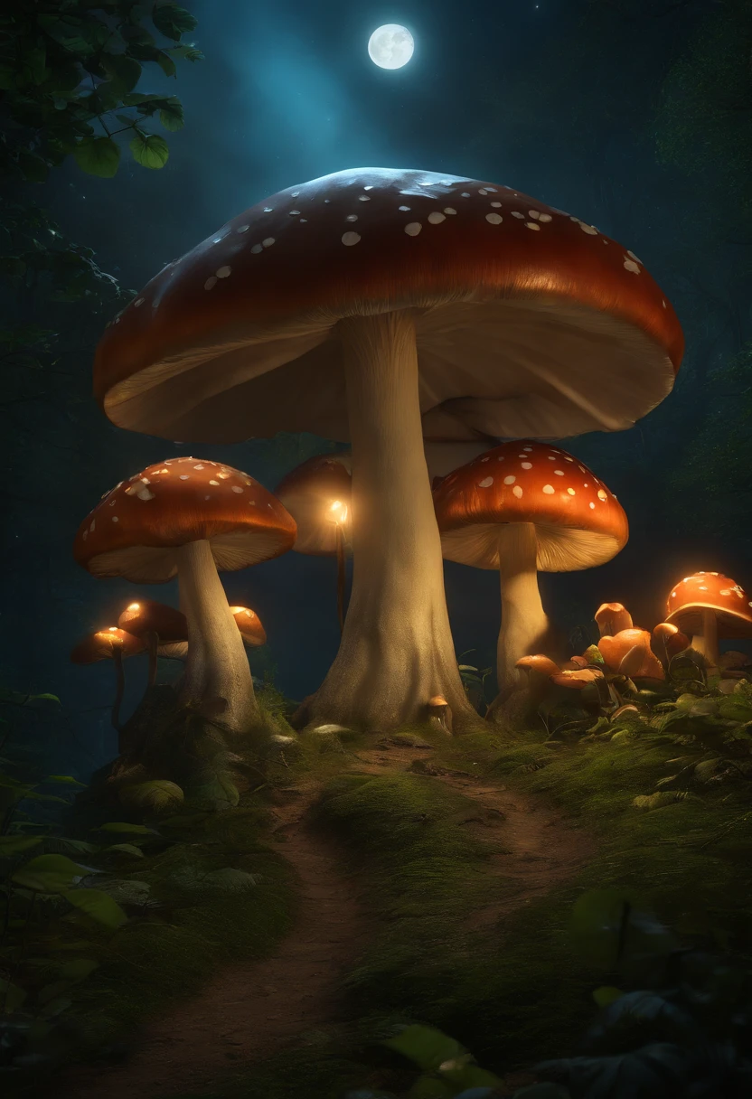 Funny forest fairies at night under large mushrooms, fada fofa voando, asas de fadas, No estilo do Unreal Engine 5, Duffy Sheridan, UHD 32k, Douglas Soares, Miguel Malm, Hyper-realistic representation, fechar para cima, cinematic lighthing, moon illumination, magic powder, brilho