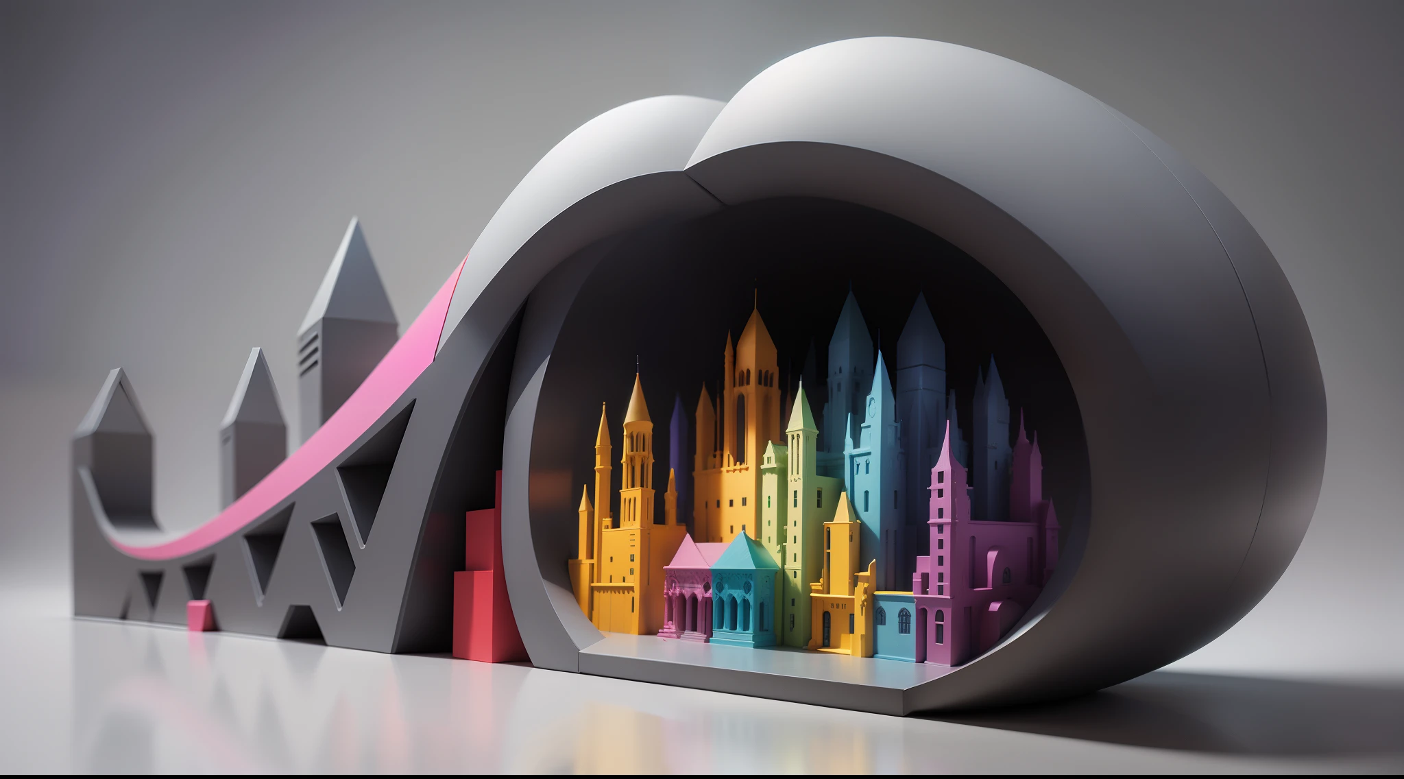 ultra colors, mix color, architecture asbtract of mass color, sculpture with colored modeling clay , 8k, blurred gray background with a lot of depth, isometric, Idiotic illusion, depth, subliminal "Design" text