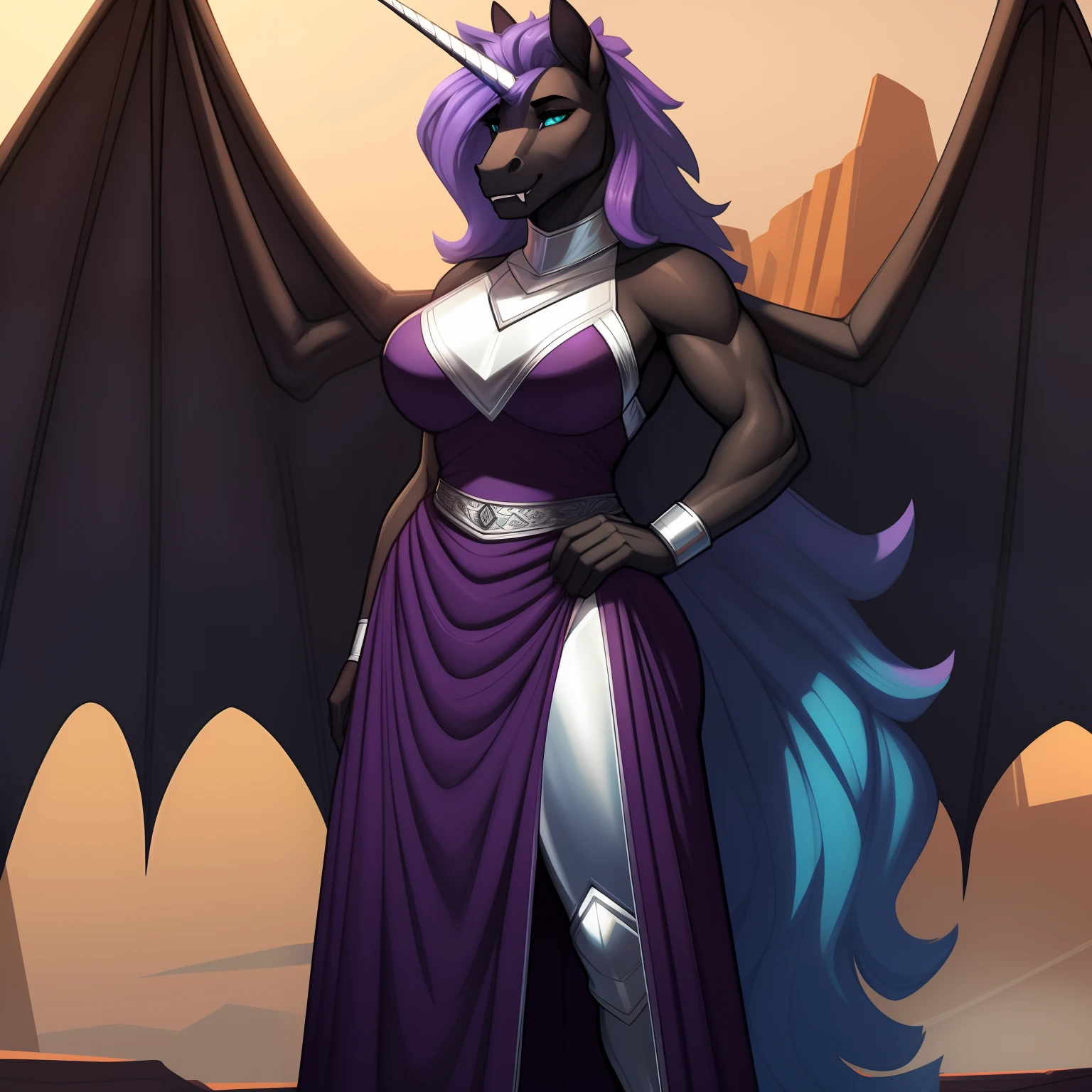 Tall_lithe_muscular_mature_unicorn black_horn female dark_purple_mane wavy_mane black_furry_body teal_eyes slit_pupils majestic solo Masterpiece best_quality absurdres highly_detailed gown_with_silver_trim silver_circlet silver_gorget silver_bracers cleanly_drawn_eyes fangs bat_wings purple_eyeshadow horse_snout anthro_only by_claweddrip, by_greasymojo, by_underscore-b, by_runawaystride