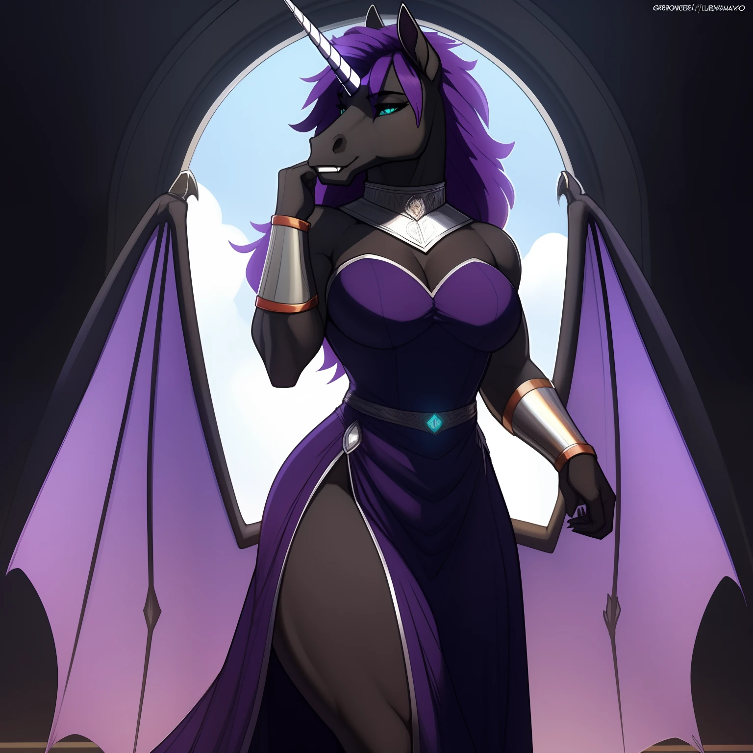 Tall_lanky_muscular_unicorn_with_black_horn full_breasts female dark_purple_hair wavy_braided_hair black_furry_body bat_wings teal_eyes slit_pupils solo Masterpiece best_quality absurdres highly_detailed medieval_gown silver_gorget thick_silver_circlet silver_bracers cleanly_drawn_eyes fangs bat_wings purple_eyeshadow starry_sky stars_in_hair horse_snout anthro_only by_claweddrip, by_greasymojo, by_underscore-b, by_runawaystride