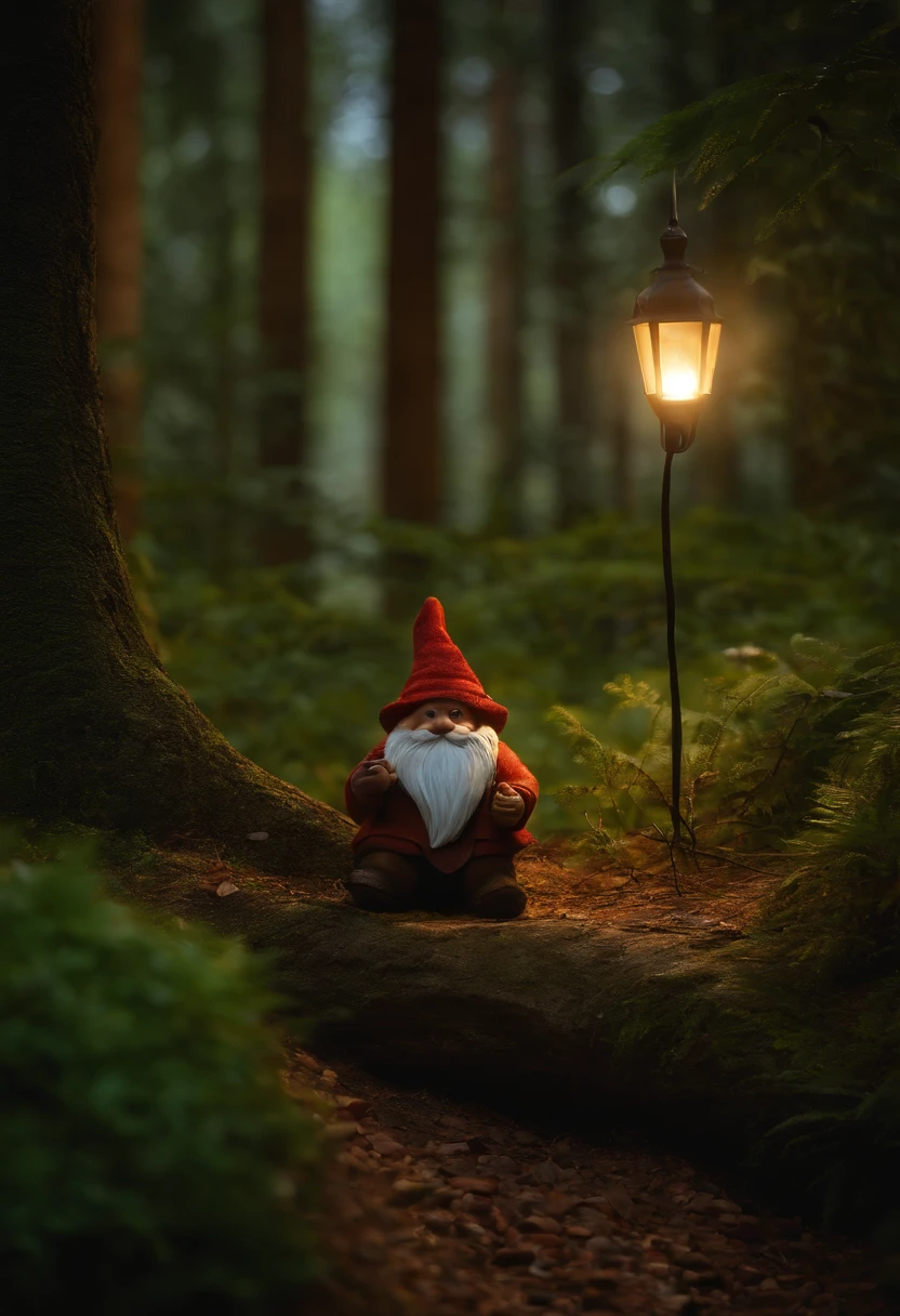 gnomo fofo sentando segurando uma luz, cinematic night lighting, gnomo feliz sentando de lado na pedra do bosque das fadas, obra de arte, realista, beleza, luz de noite, luz sobre a lua, floresta vagalume, Radiant lighting