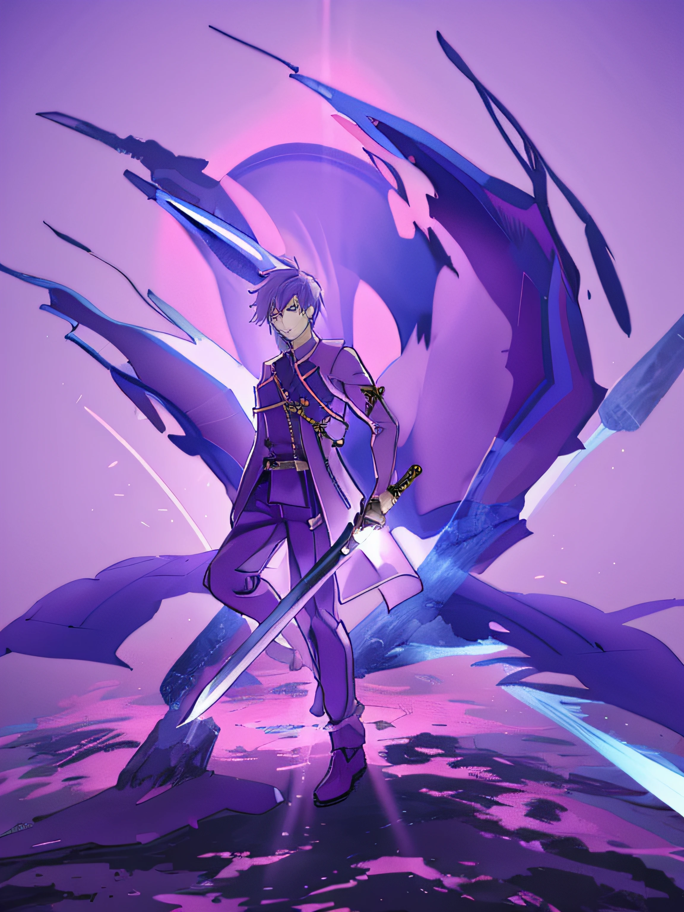 anime character with sword and purple outfit, anime style character, male anime character, dramatic wielding sword pose, epic anime style, splash art