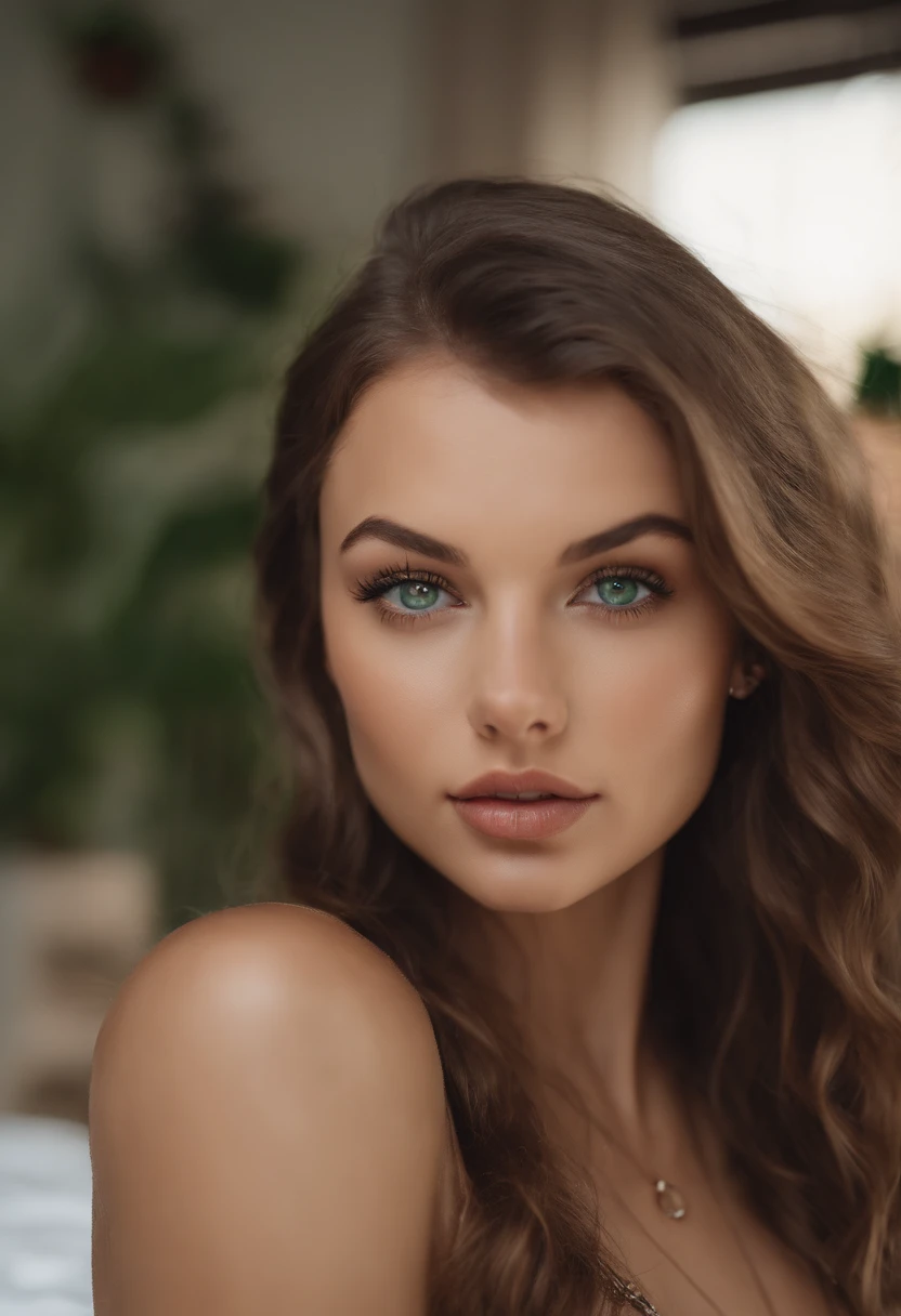 arafed woman with a white tank top and a necklace, sexy girl with green eyes, portrait sophie mudd, brown hair and large eyes, selfie of a young woman, bedroom eyes, violet myers, without makeup, natural makeup, looking directly at the camera, face with artgram, subtle makeup, stunning full body shot, piercing green eyes,taylor swift