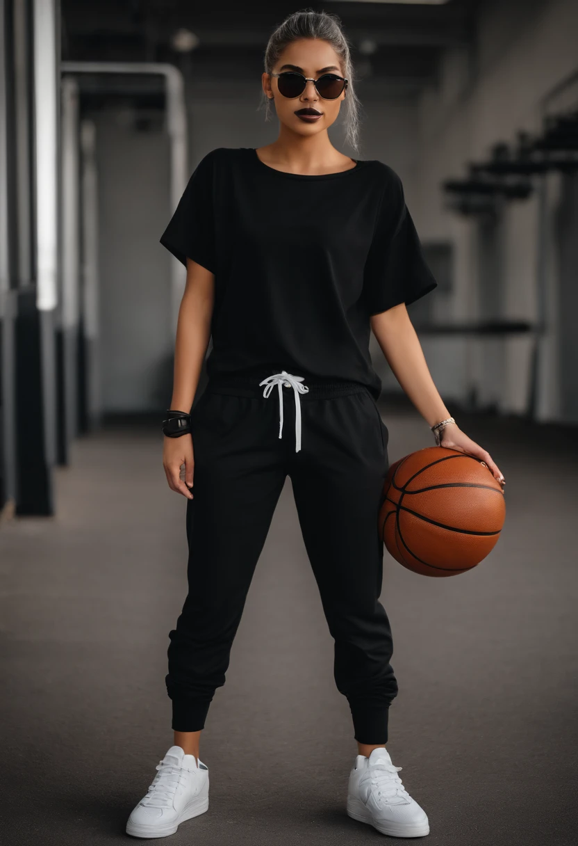 woman, honey skin tone, skinny athlete physique, black slim fit shirt, baggy grey pants, black and white basketball shoes, medium size black glasses, little mustache, low military haircut, brown eyes, black bracelet, holding basketball, 18 years old