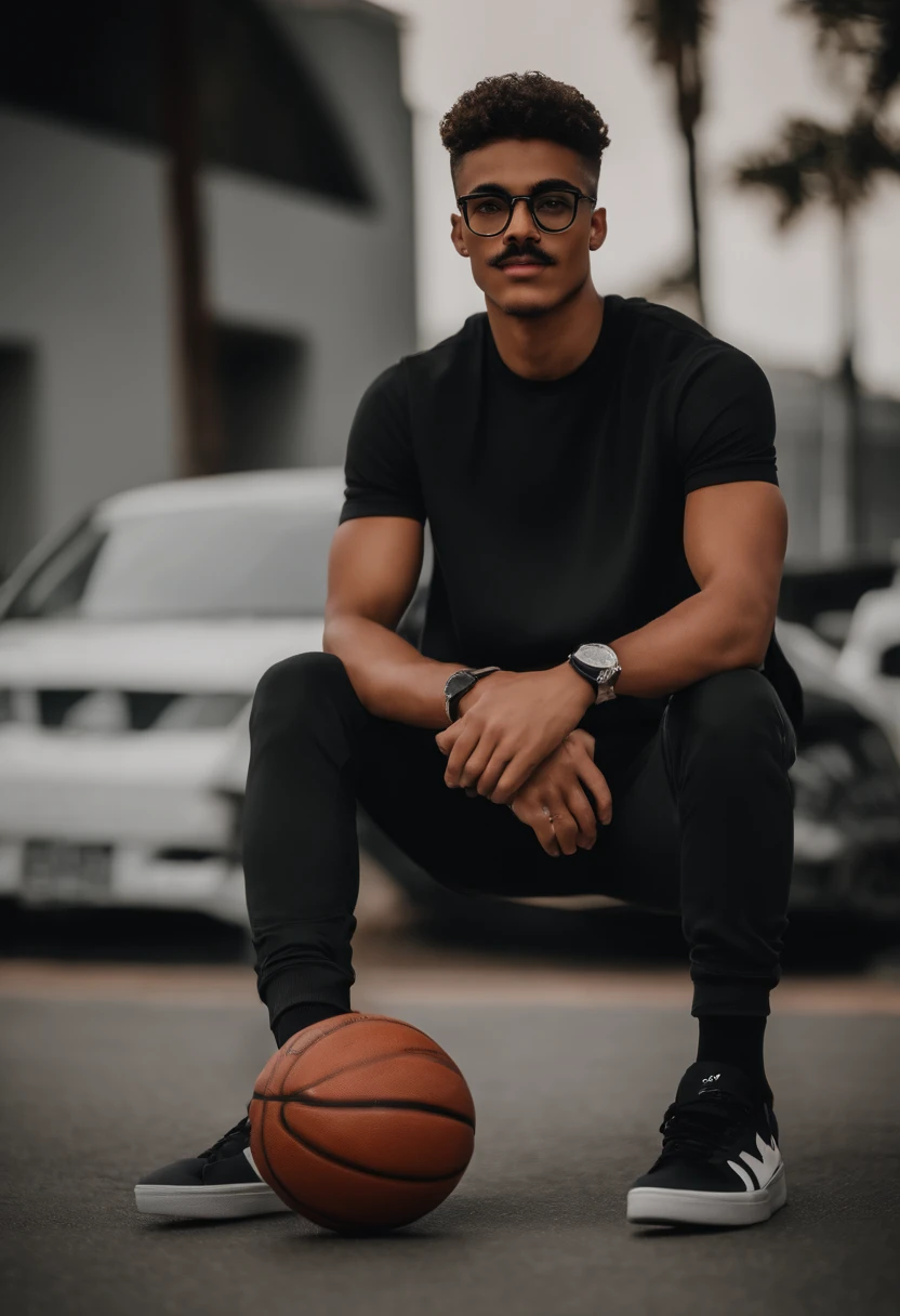 man, honey skin tone, skinny athlete physique, black slim fit shirt, baggy grey pants, black and white basketball shoes, medium size black glasses, little mustache, brown eyes, black bracelet, holding basketball, 18 years old