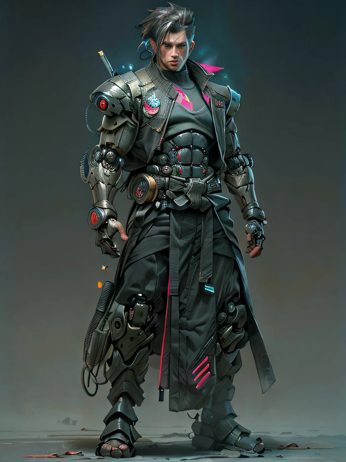 Martial Art man as a robot warrior,Standing up straight T-post(top-quality、8K、32K、​masterpiece、nffsw:1.3)、(The ultra -The high-definition)、(Photorealsitic:1.4)、Raw photography,Perfect eyes,Charming perfect figure,actionpose:1.2,Detailed cyberpunk fashion、Wo