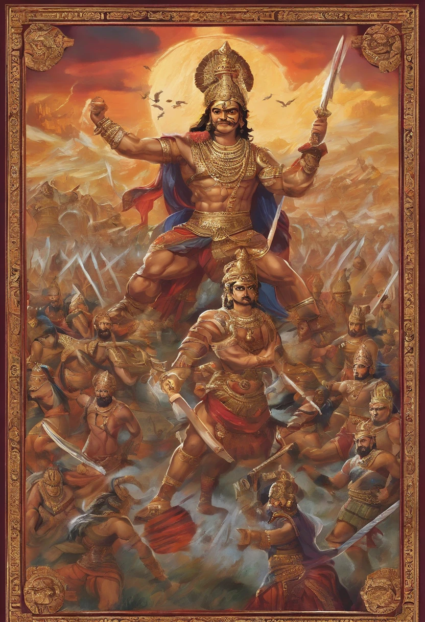 Arjuna, a heroic warrior leading a mighty army, stands in the midst of a fierce battlefield, facing the legendary warriors of the Kuru and Pandava clans. The scene is vivid and historically accurate, set in a time of ancient India. The battlefield stretches as far as the eye can see, with banners fluttering in the wind, chariots clashing, and warriors wielding divine weapons. The atmosphere is charged with tension and honor, as the fate of a kingdom hangs in the balance. Create a detailed and awe-inspiring description of this Mahabharata-style battle scene, capturing the essence of the epic conflict