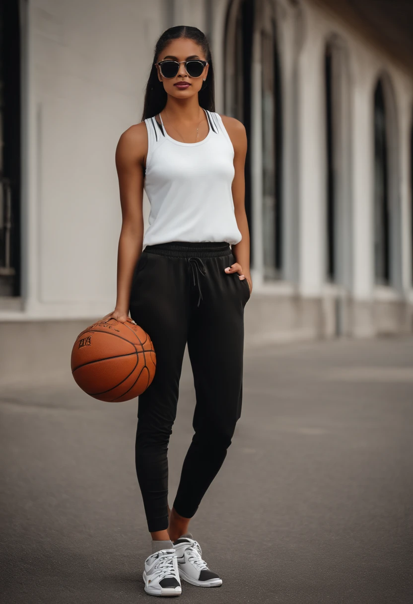 woman, honey skin tone, skinny athlete physique, black slim fit shirt, baggy grey pants, black and white basketball shoes, medium size black glasses, little mustache, brown eyes, black bracelet, holding basketball, 18 years old